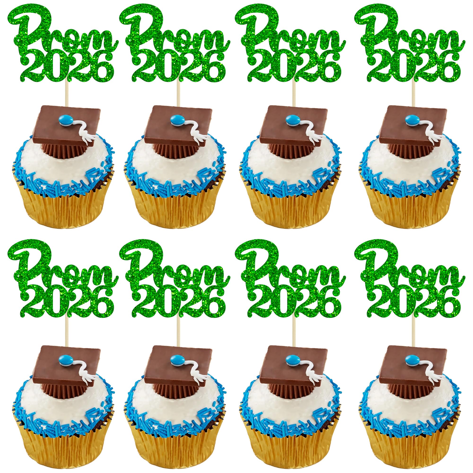 Gyufise 24Pcs Prom Cupcake Toppers Glitter Prom 2026 Cake Decoration Class of 2026 Food/Appetizer Cupcake Picks for 2026 Graduation Party Decorations Green