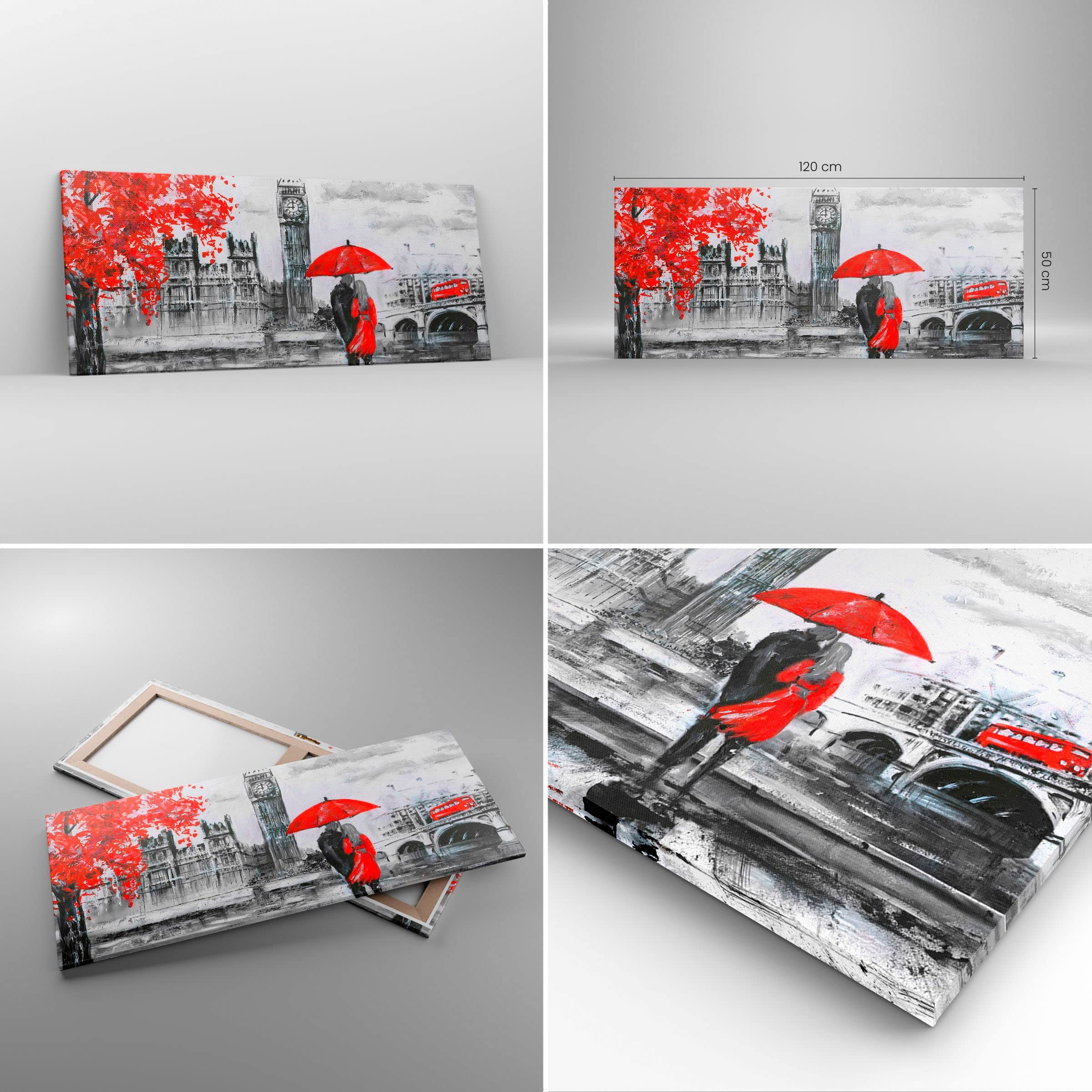 Stampa Su Tela Londra Big Ben Con Ombrello, Quadro Moderno 46x31 Cm, Pronto Da Appendere, Panther Print
