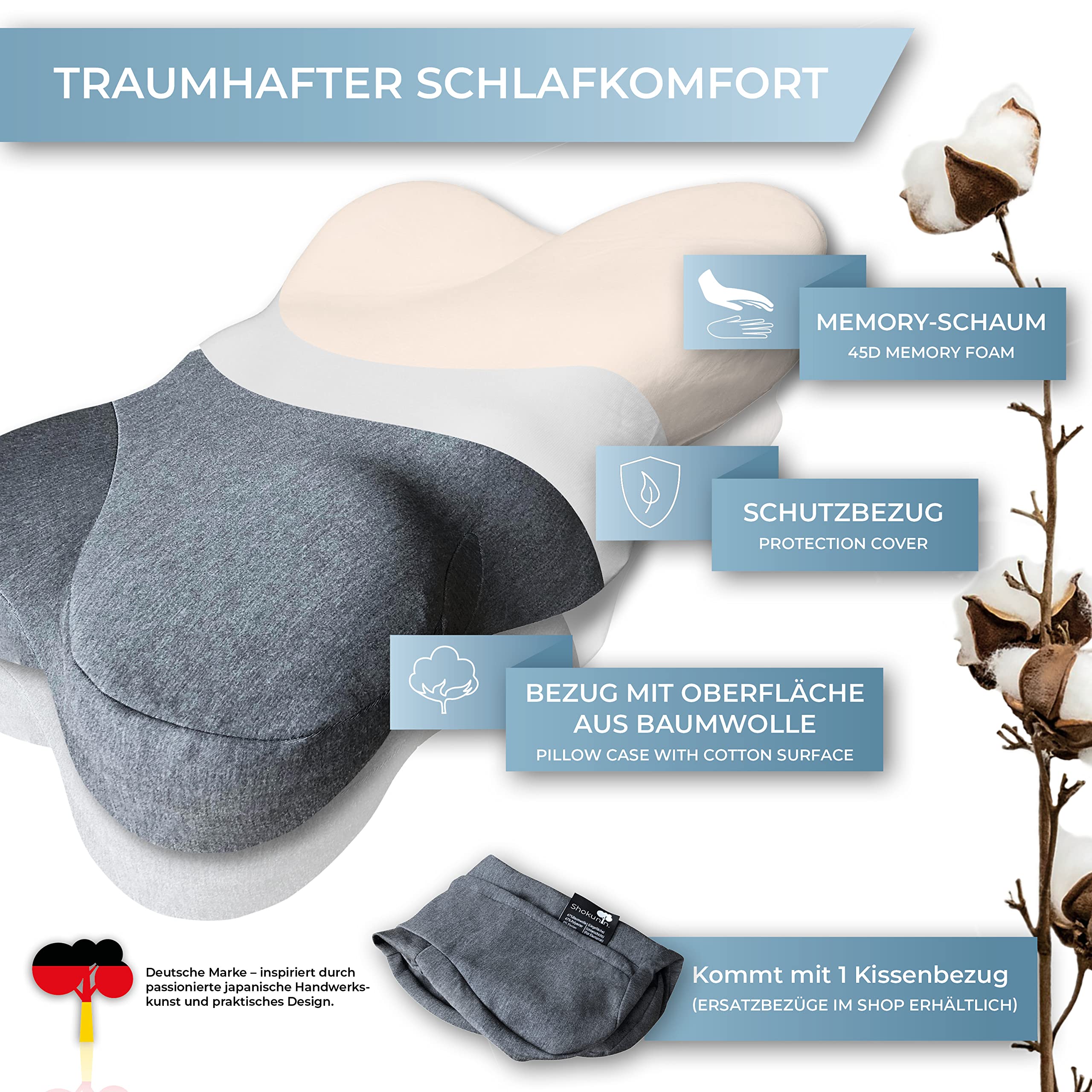 Shokunin Nackenstützkissen Orthopädisches Kissen Memory Foam 60x40 grau Anti Schnarch Seitenschläferkissen