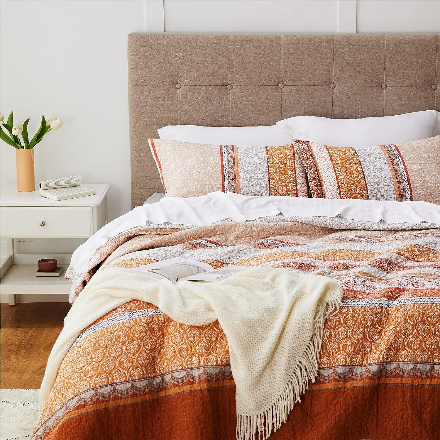 Bedsure Cotton Quilt Queen Size - Soft & Breathable All Season Coverlets Queen Size, 3 Pieces Bedspread & Coverlet Sets (Queen, 90x96 inches, Apricot Orange)