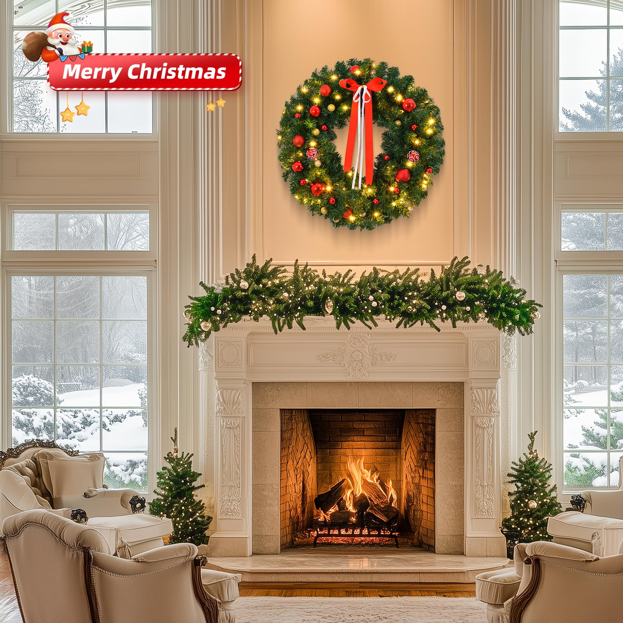 Karl home Couronne de Noël artificielle pré-éclairée alimentée par piles avec 80 lumières chaudes et 270 embouts en PVC et 18 décorations à faire soi-même, pour porte d'entrée, mur, décoration de fête