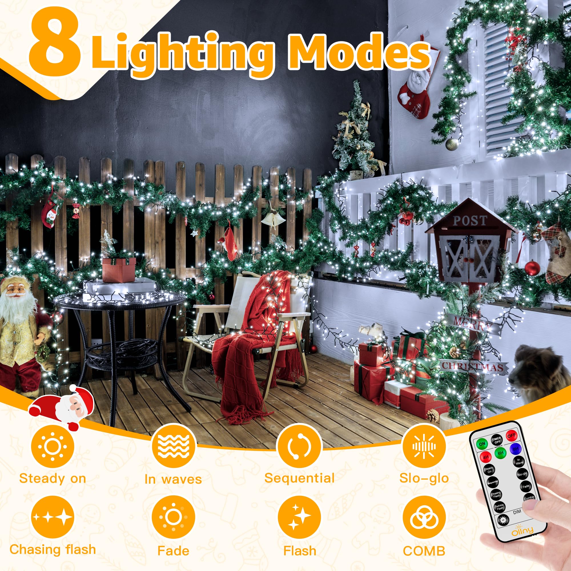 Image showing 8 different lighting modes for Ollny Cluster Lights, including Steady On, In Waves, Sequential, Slo-glo, Chasing Flash, Fade, Twinkle Flash, and Combination.