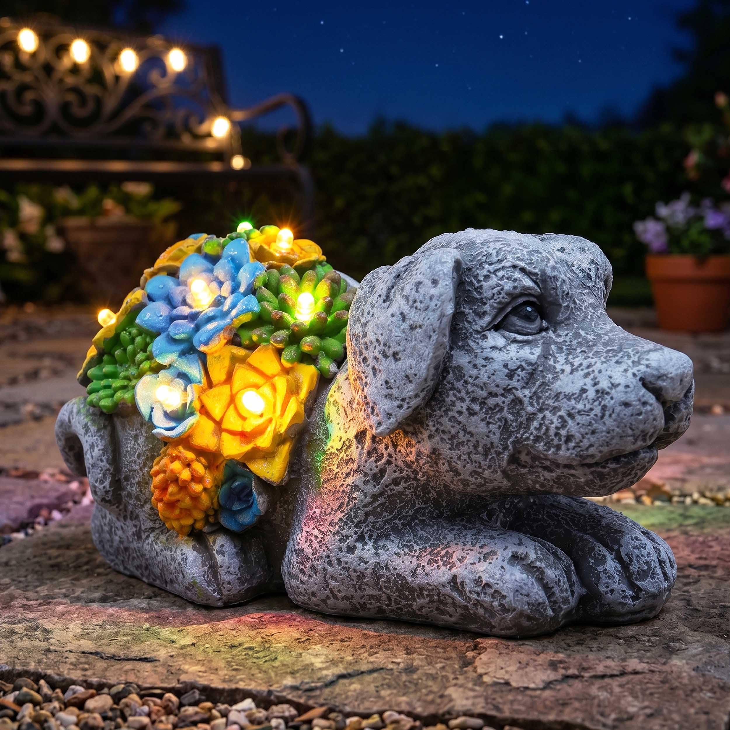 Solar Dog Garden Ornament with Lights – Pack of 1 - 22cm/8.6 inch Outdoor Dog Statue with Succulent Plant & LED Lights, Decorative Figurine for Patio, Balcony, Yard, Lawn – Unique Housewarming Gift — image 1
