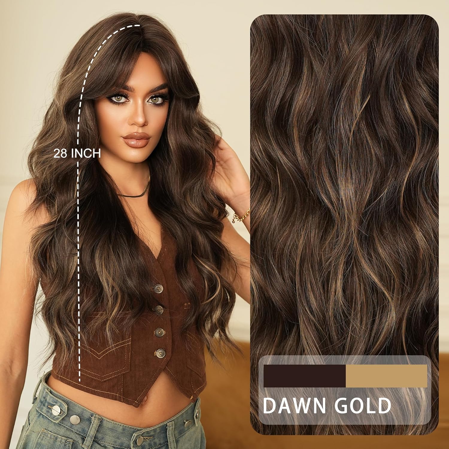 7JHH WIGS Long Wavy Chocolate Brown Middle Part Wig with Curtain Bangs for Women Heat Resistant Fiber 28Inch Highlight Blonde Synthetic Hair Wigs for Daily Use