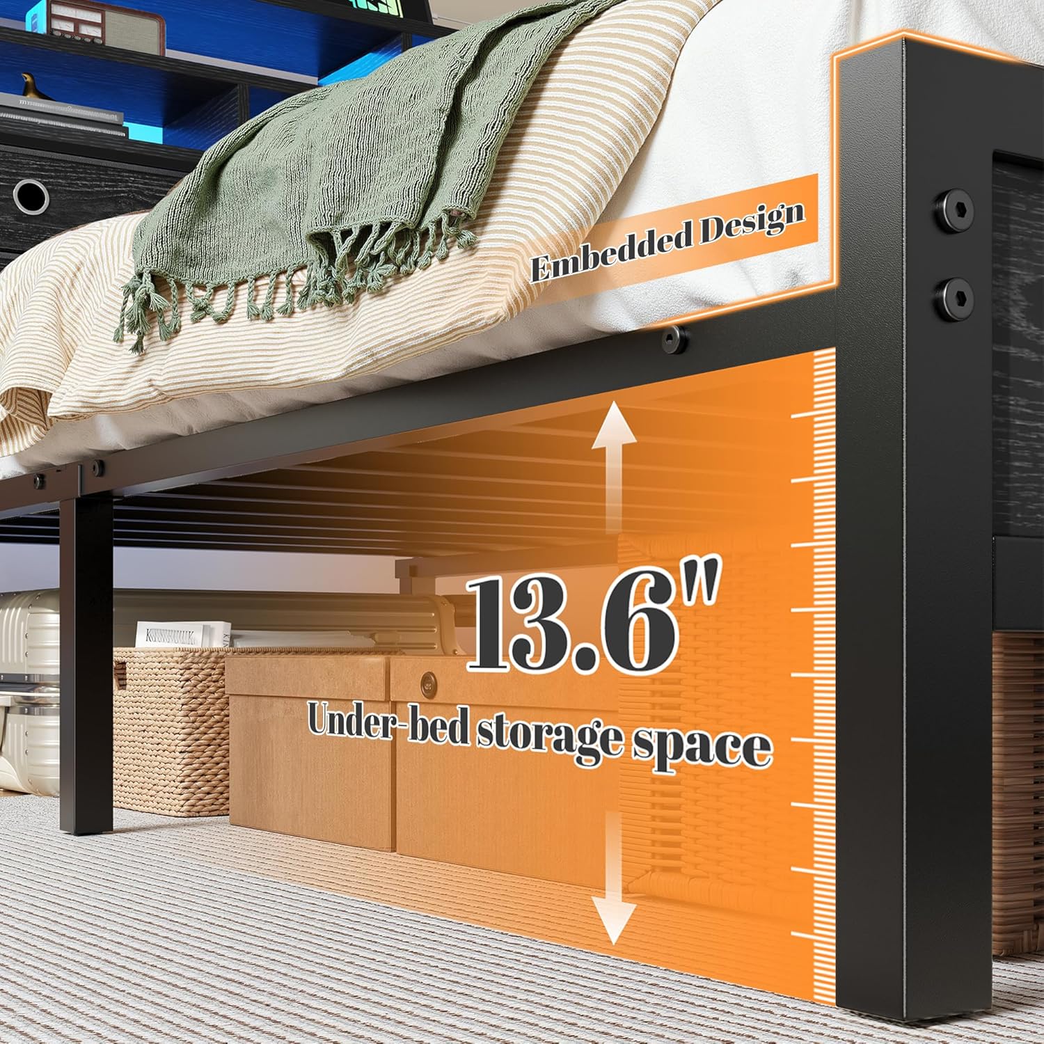 Queen Bed Frame with 2-Tier Storage Headboard and 4 Drawers,Queen Size Bed Frame with LED Lights & Charging Station,Metal Queen Frame 1100LB-Heavy Duty for Apartment,Guest Room,Modern Black