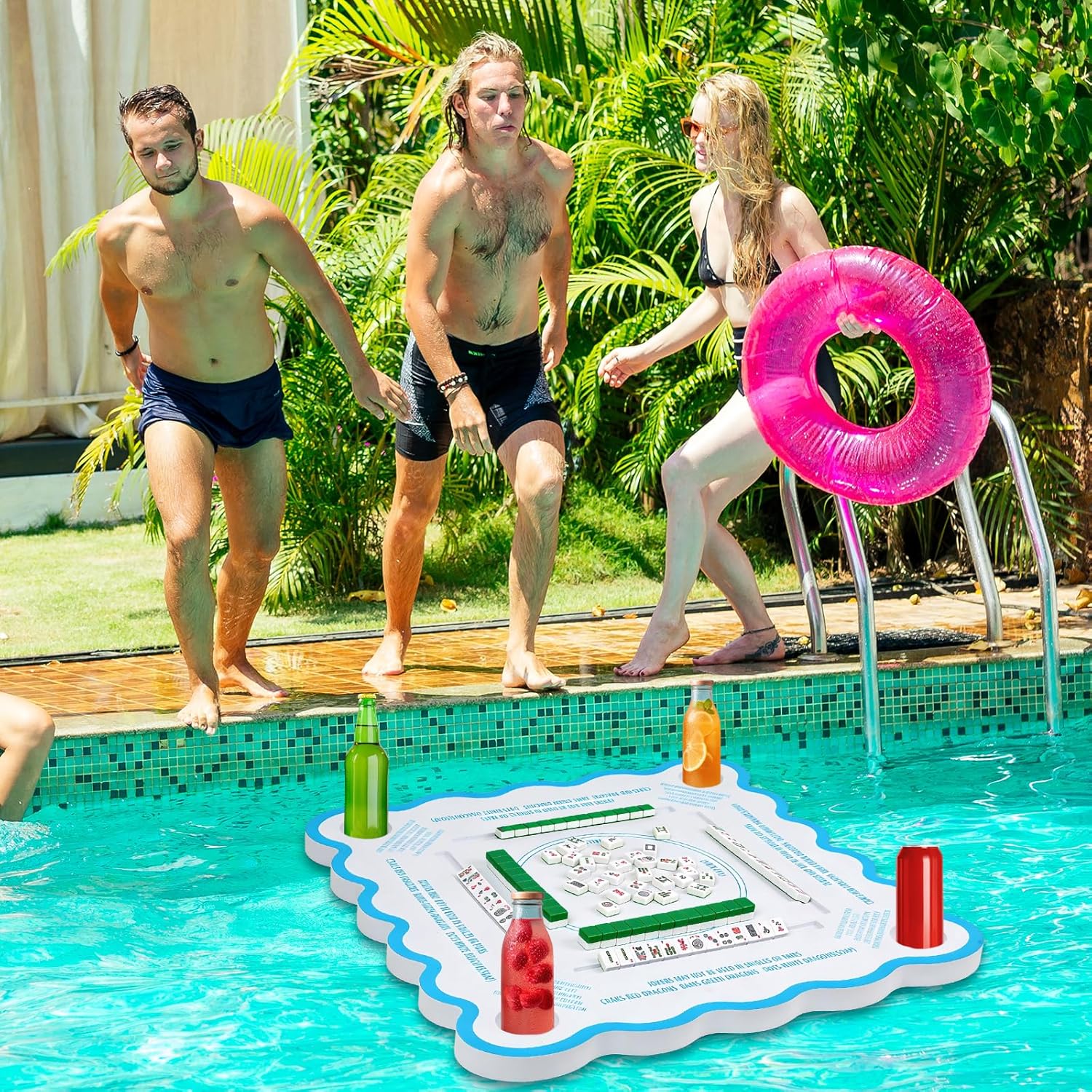 Mahjong Game Floating Table with Rules for Pool Double Side Poker Float Board for Card Games Scrabble Dominoes Mahjong Game Tray for Water Swimming Pool and Hot Tub Summer Beach Party Supplies