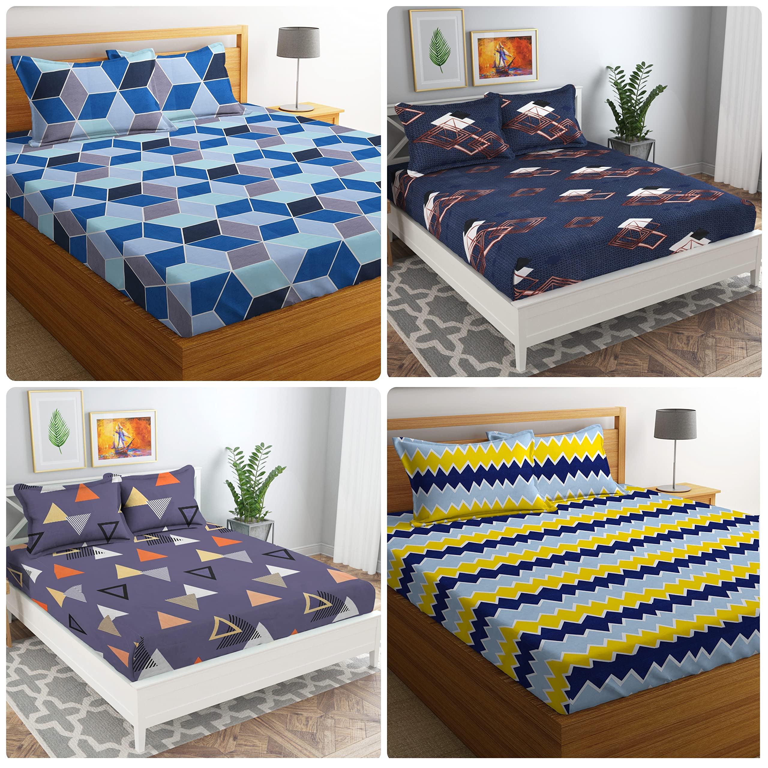 BSB HOME 3D Collections 100% Microfiber Combo Pack of 4 Double Bedsheets with 8 Pillow Covers Bedding Set Cotton Feel Breathable | Wrinklefree (228 x 228 Cm, Maroon & Yellow)-picture-29