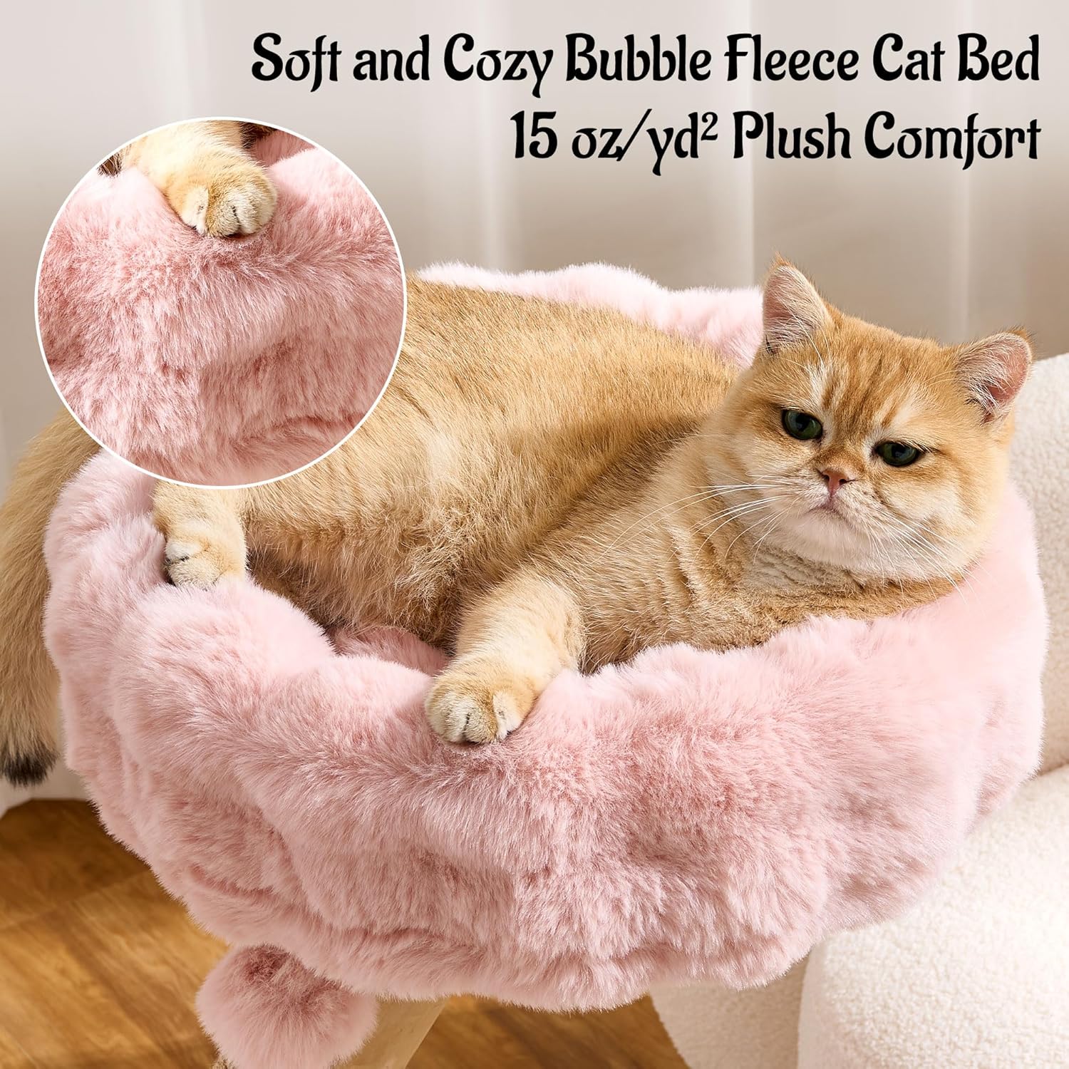 Natural Wood Cat Tree for Indoor Cats Small to Medium Up to 12lbs, 33in Modern Cat Tree Tower with Super Soft Plush Cat Bed & Perch, Sisal Scratching Posts and Hanging Plush Ball, Sakura Pink