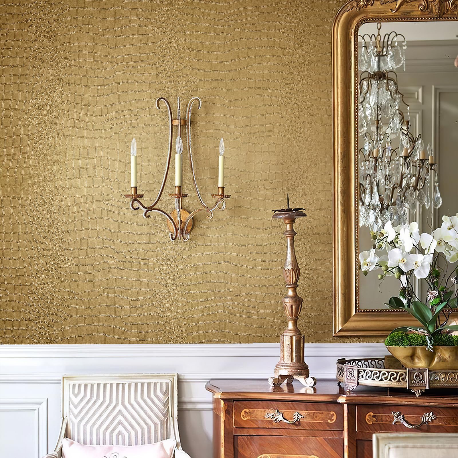 17.7"x472.4" Gold Crocodile Embossed Textured Traditional Non-Pasted Contact Paper Matte Faux Alligator Leather Renter Friendly Removable Wallpaper