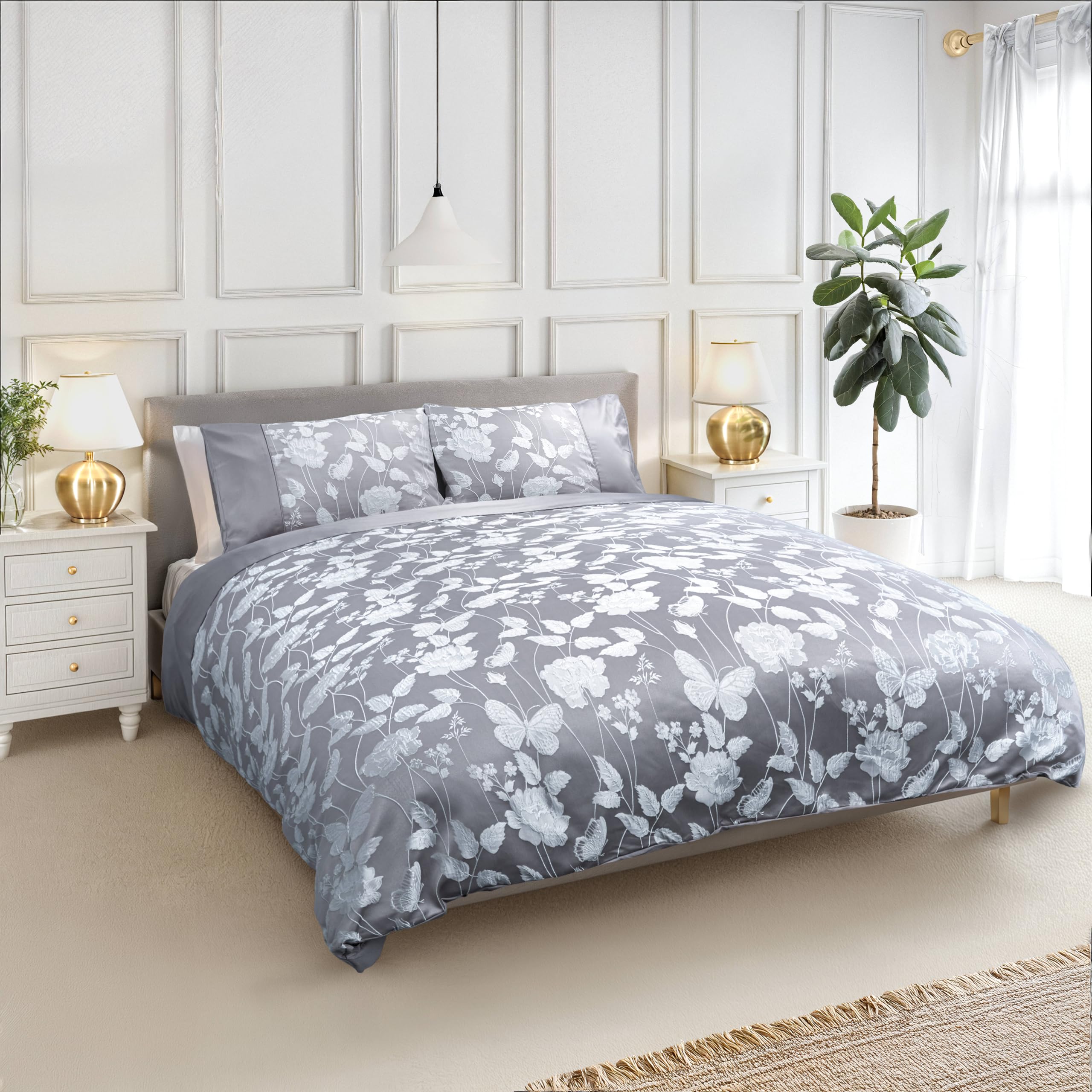 Emma Barclay Butterfly Meadow - Embellished Jacquard Duvet Set in Silver - King