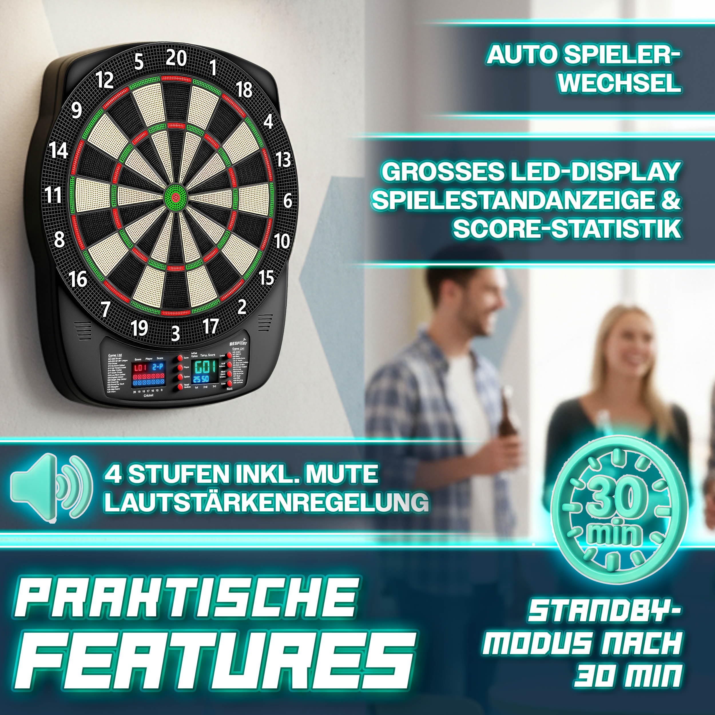 RE:SPORT® Dartscheibe Elektronisch Profi Set mit 12 Pfeilen + 24 Pro Flights + 100 Pfeilspitzen & Zubehör | E Dartautomat für 1–8 Spieler mit 427 Varianten | Elektrisches Dartboard mit LED Anzeige