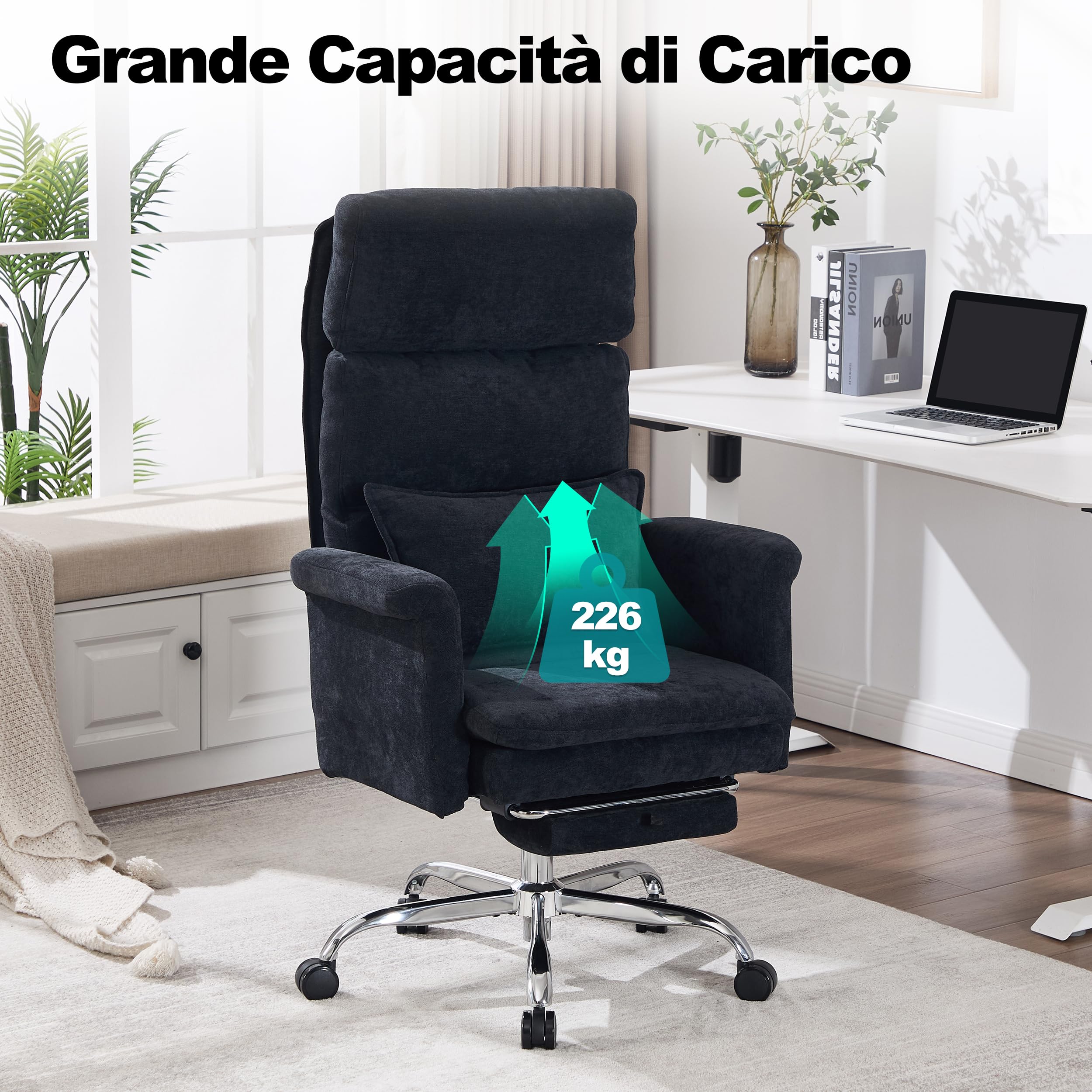 UEV Sedia Ergonomica con Braccioli Reversibili 90°-190°, Alta e Grande, Poltrona Ufficio Ergonomica con Poggiatesta Regolabile e Poggiapiedi Retrattile, Sedia da Scrivania, 70 x 65 x 116-123 cm, Nero