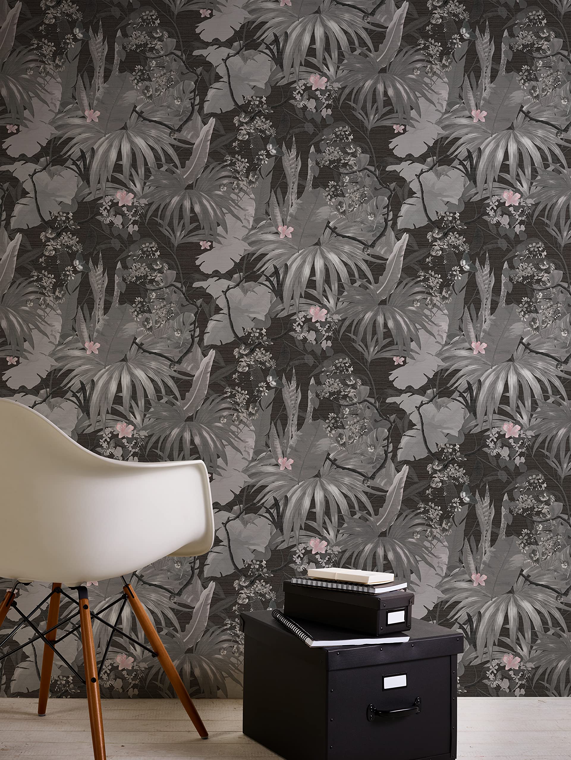 Carta Da Parati Grigia Nera Effetto Giungla - Tessuto Non Tessuto Con Riflessi Metallici - Foto 10