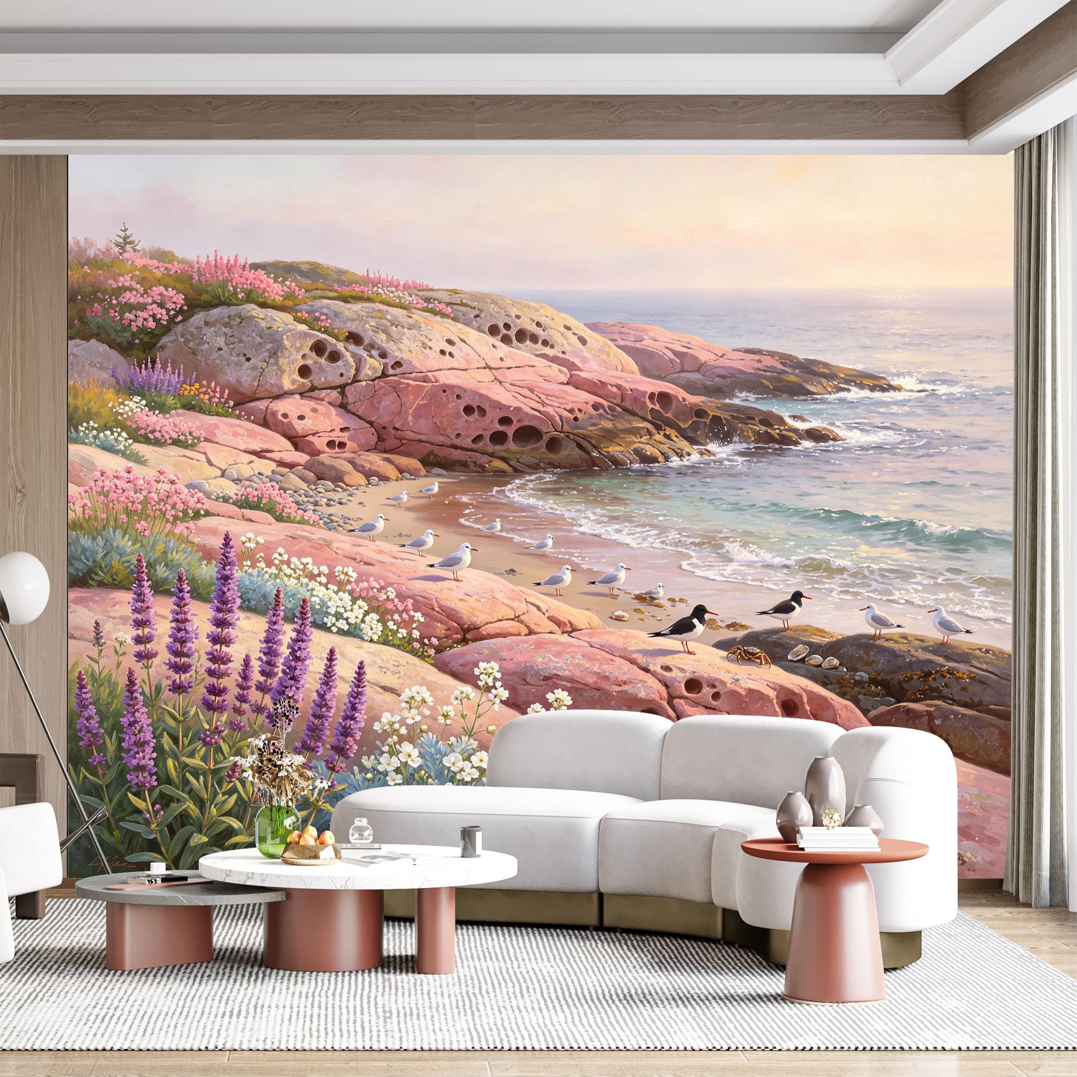Custom Size Wall Mural Coastal Seascape Rocky Beach Floral Birds Oil Painting SelfAdhesive Wall Fabric Removable for Home Office Decor