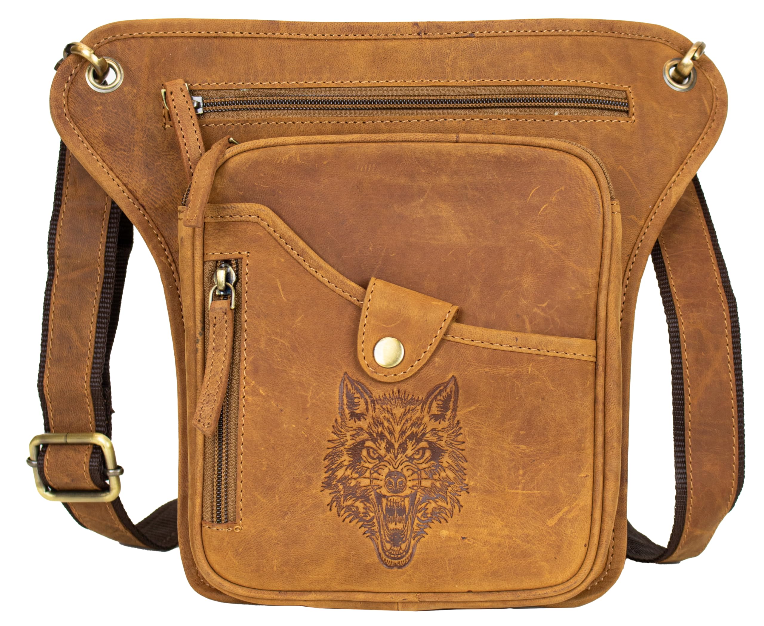 Biker Motorrad Beintasche Hüft-, Gürteltasche mit Wolf-Prägung, Beinbeutel mit Oberschenkel Gurt (Cognac)