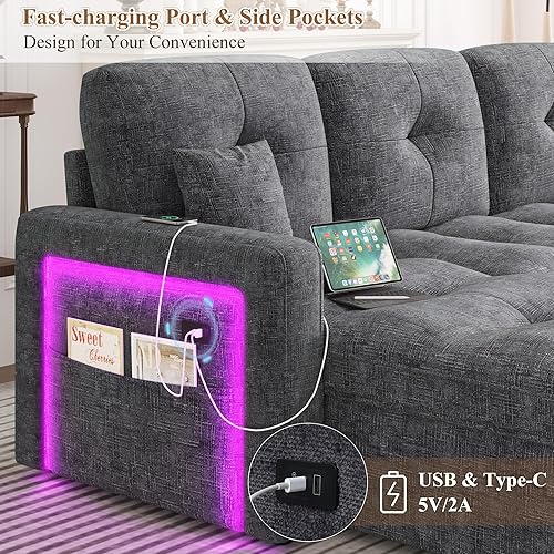 Miniatura 5 de HIFIT Sofá cama modular LED con sofá cama extraíble, sofá convertible en forma de L con diván de almacenamiento, respaldo ajustable y USB, cómodo