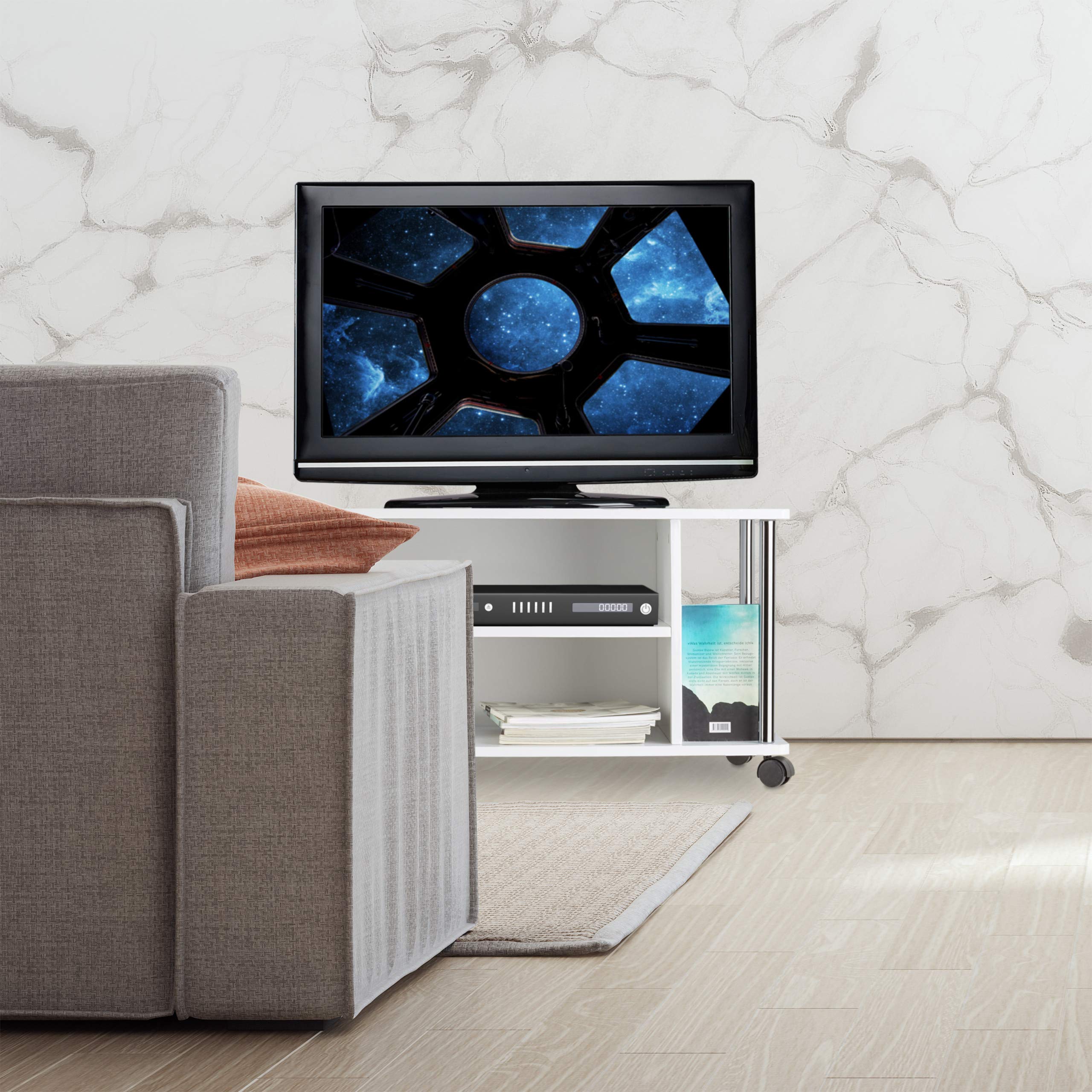 Relaxdays 10021865 Mobile TV Bianco, con 4 ruote, Carrello Porta Televisore in Legno MDF, HxLxP: 41,5 x 80 x 40 cm