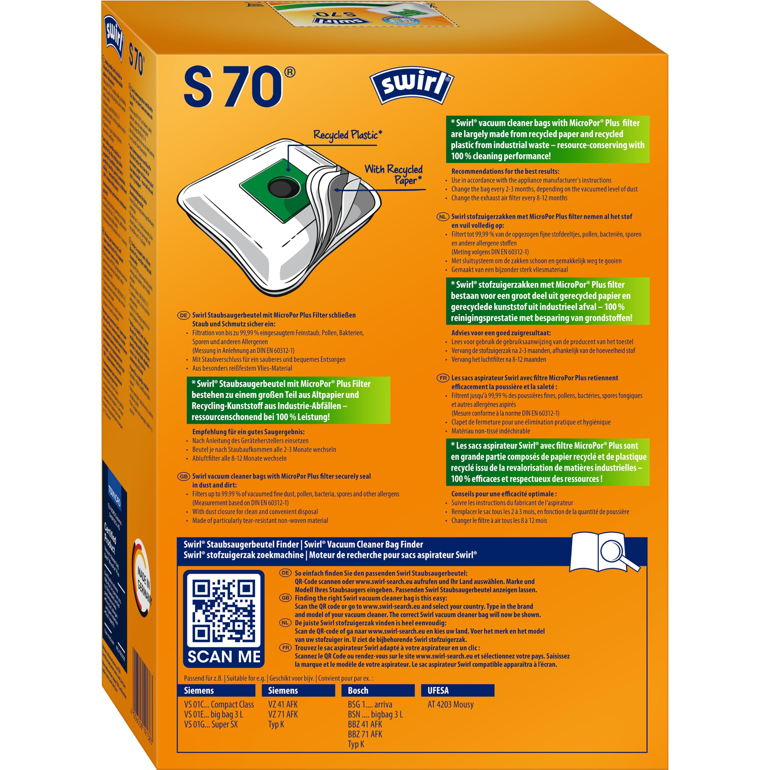 Swirl S 70 EcoPor Staubsaugerbeutel (4 Beutel), reißfeste Staubbeutel für einige Siemens & Bosch Staubsauger, 99,9% Filterung von Hausstaub & allergenem Feinstaub