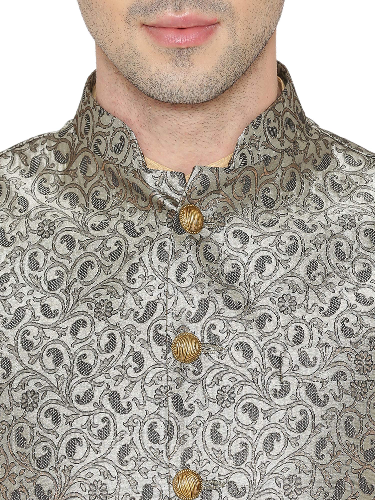 WINTAGE Men's Banarasi Rayon Cotton Casual and Festive Nehru Jacket Vest Waistcoat : Grey 2
