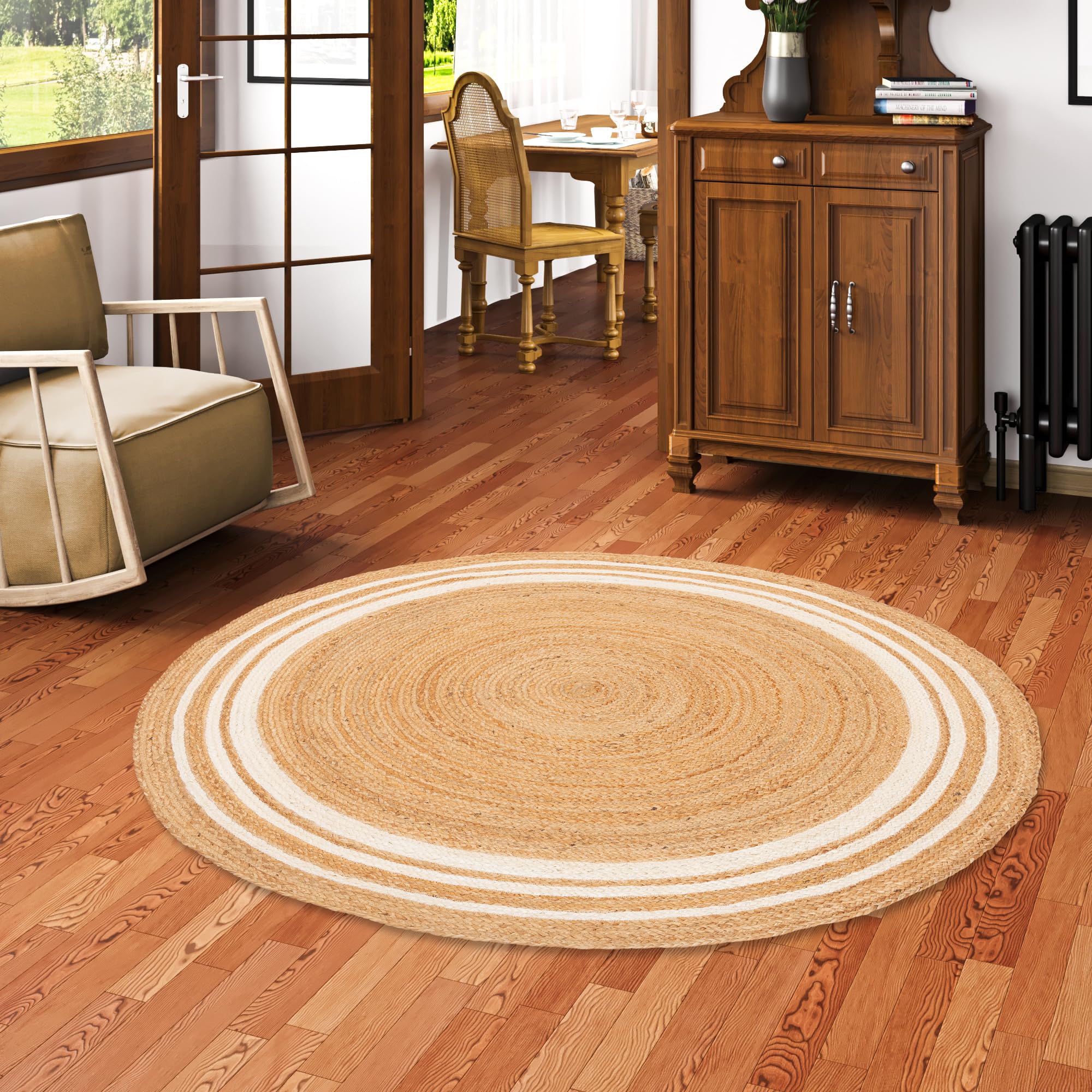 Pergamon Runder Jute Teppich Salsa - Handgefertigt aus strapazierfähiger Naturfaser - Schlichtes Design mit Bordüre Creme - Verschiedene Größen verfügbar