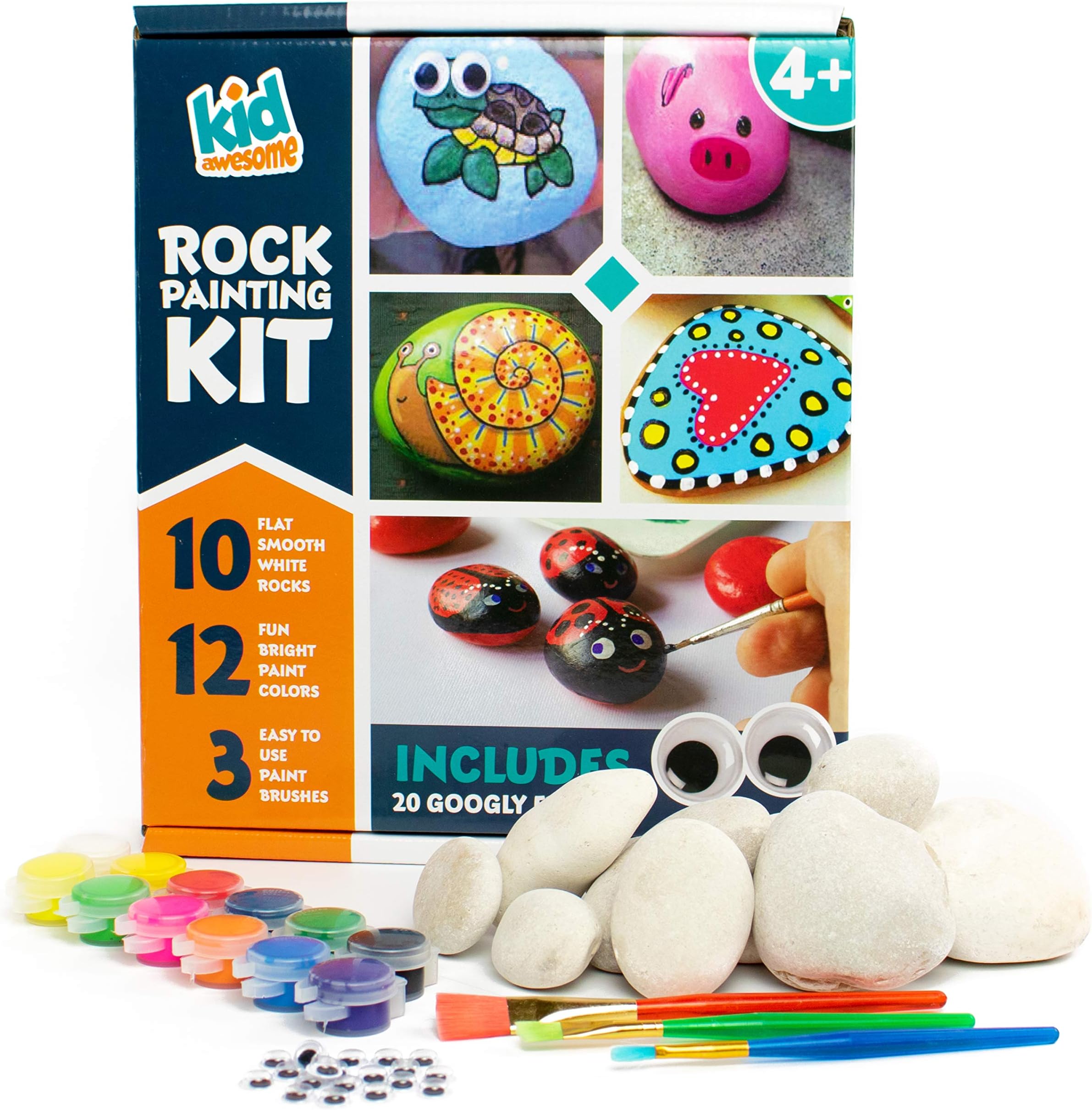 Rock Painting Kit for Kids | DIY Craft Set with 10 Smooth White River Rocks Hand Picked for Rock Art, 12 Kid Friendly Acrylic Paint Colors, 3 Paint Brushes, and Bonus Googly Eye Pack