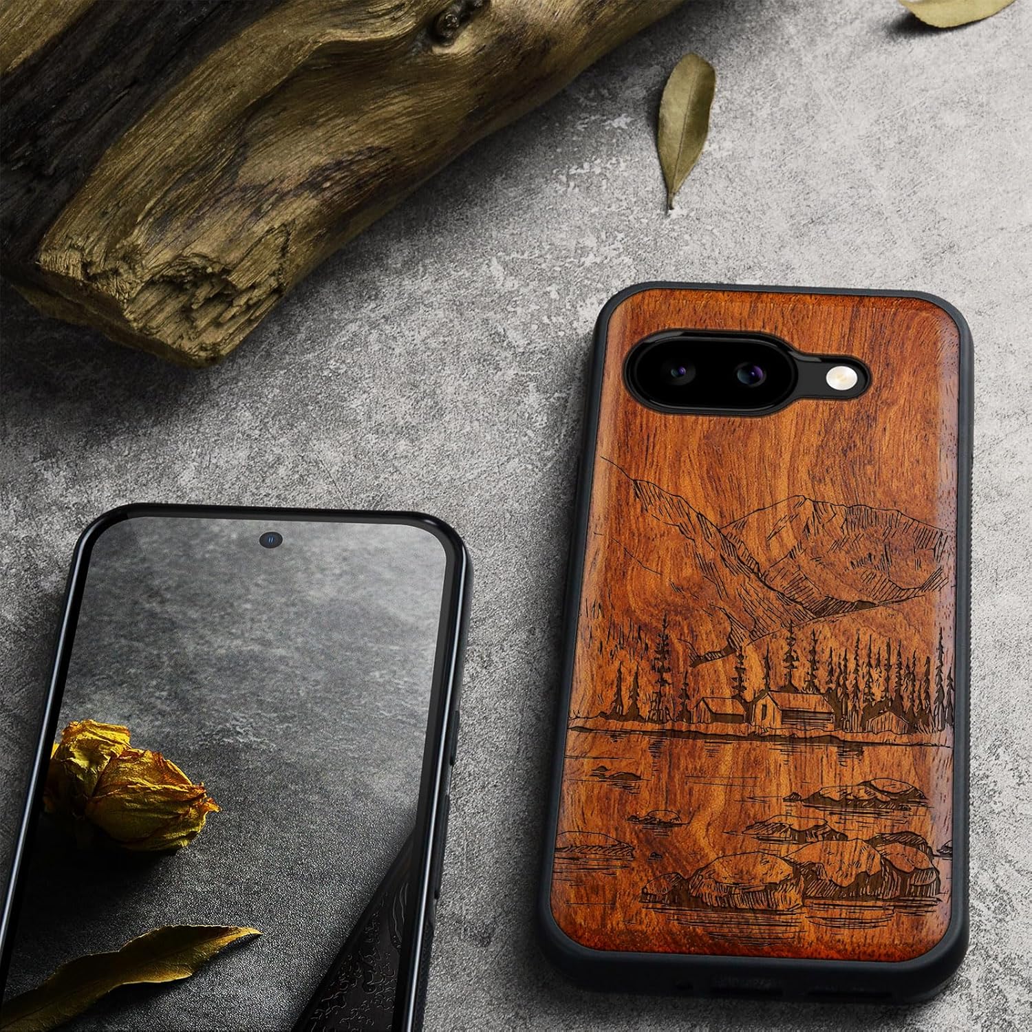 Carveit Magnetic Wooden Case for Google Pixel 9a Case, Wood Artisan Engraved & Soft TPU Shockproof Cover, Compatible with MagSafe Wireless Chargers (Lakes and Mountains) Rosy