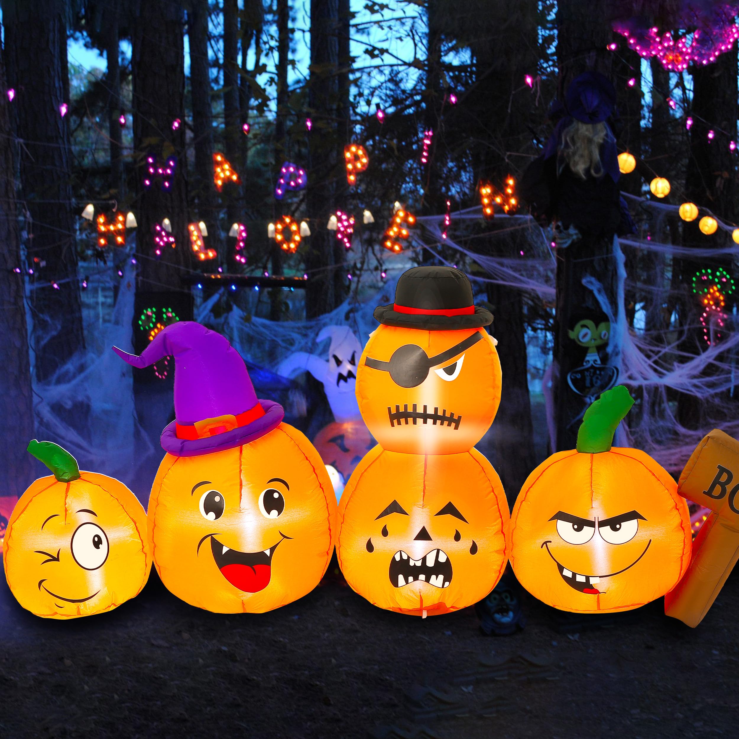 SUNGIFT7FT Inflatable Pumpkin, Halloween Blow Up Pumpkin with Witch Hat, Cute Inflatable Halloween Decor Outdoor with LED Lights for Lawn Garden Yard