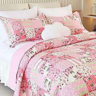 Cmfshape Floral Bedspread with 2 Pillow Shams-Queen Size,Patchwork Pink Quilt Set 3 Piece,Summer Quilt for Girls,Lightweight Reversible Bed Coverlet for All Seasons(Queen92 x96 Pink)