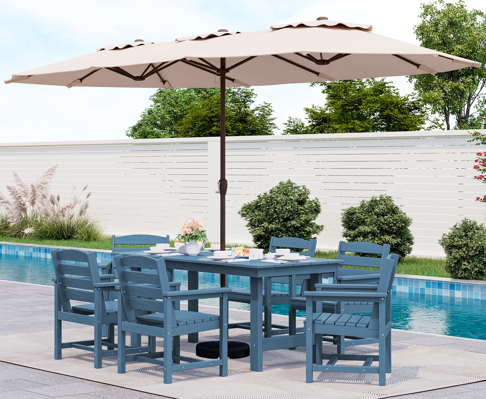 SERWALL 8-Pc HDPE Dining Set, 1 Table, 1 Umbrella &amp; 6 Chairs, Blue | Patio Dining Set with Umbrella, 67"Rectangular Table &amp; 6 Chairs &amp; 15FT Umbrella, All Weather Dining Furniture