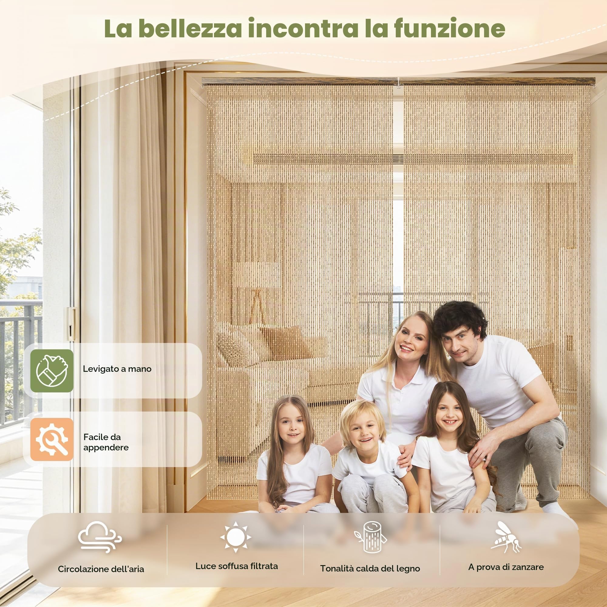 Tenda Perline Legno, Tende Bambu per Porta a 90 Fili per Interno | Decorativa Tendina Interni Divisorio per Soggiorno Camera da Letto Caffè Ristorante (Beige, 90x200cm, 90S)