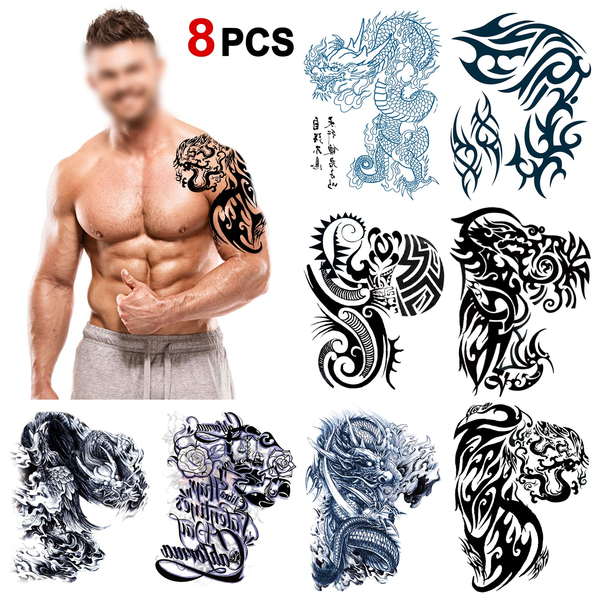 Konsait Large Temporary Tattoos Half Arm Chest Tattoo Men Tribal Totem Tattoo Make up Body Art Sticker for Halloween Party Supplies Beach Pool Party Favor Decor Dress up Costume Accessories(8Sheets)