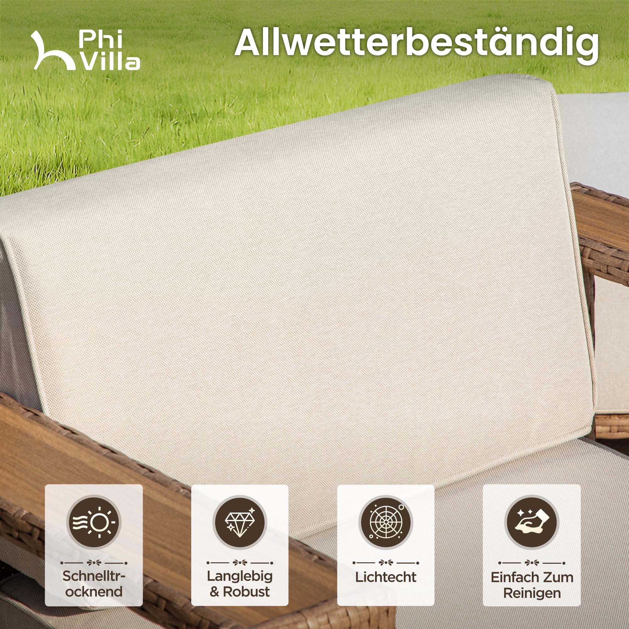 PHI VILLA Rattan Gartenmöbel Set Balkonmöbel für 4, Lounge Möbel Outdoor Sofa Sets für Garten und Terrasse, Allwetter Gartensofa Terassenmöbel Außen mit Dicken Weißen Kissen und Couchtisch
