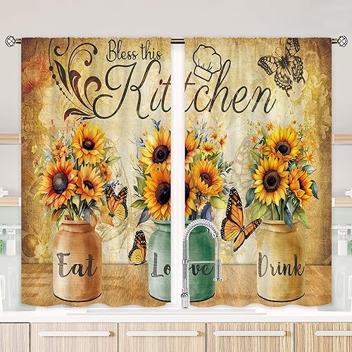 Cortinas de cocina de girasol para dormitorio, 27.5 pulgadas de ancho x 39 pulgadas de alto, bolsillo para barra, retro, rústico, amarillo, floral,