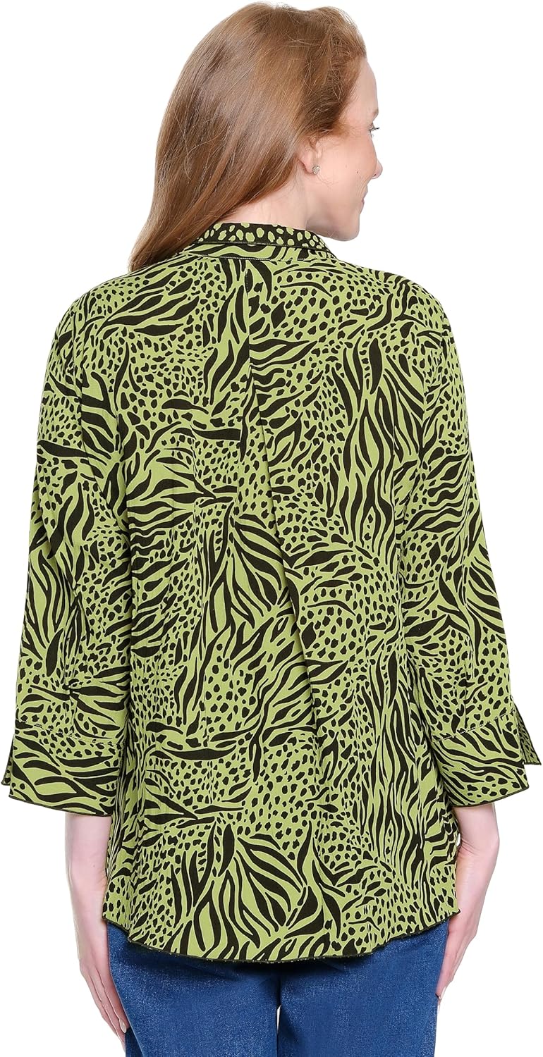 Ali Miles Womens Printed Woven Button Front Blouse for Women - Image 2