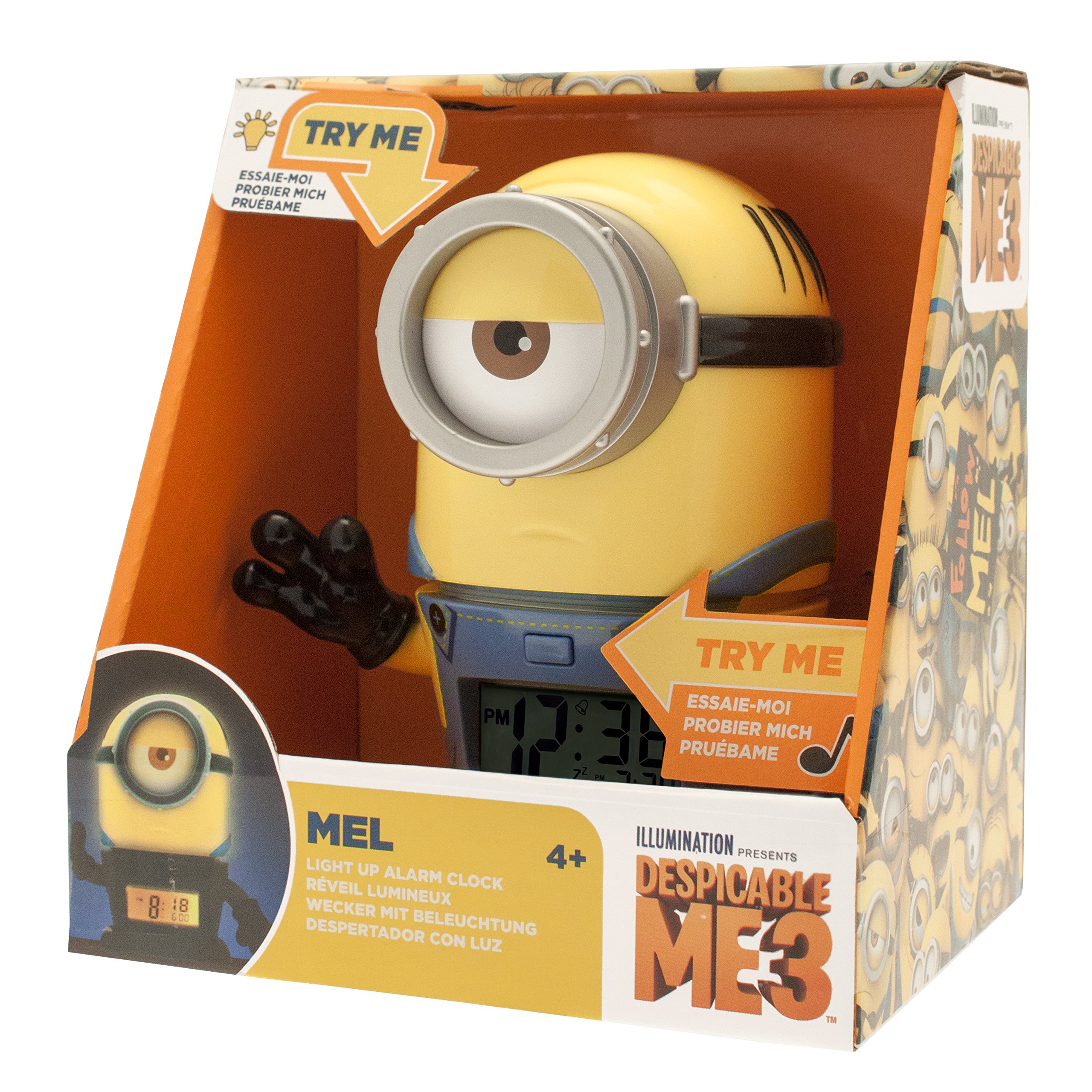 BulbBotz Despicable Me 3 2021234 Mel dziecięcy budzik z charakterystycznym dźwiękiem | żółty/niebieski | plastik | 14 cm wysokości | wyświetlacz LCD | chłopiec dziewczynka | oficjalny