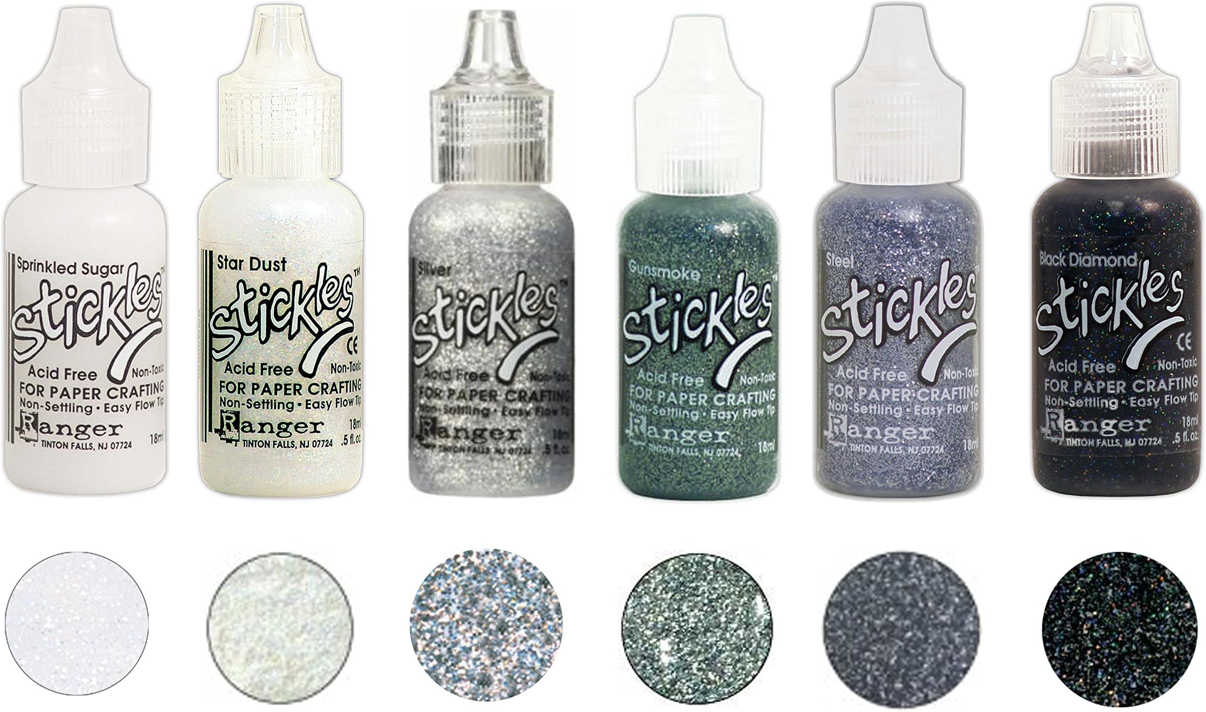 Ranger Glitter Glue Bundle D ''On A Winter's Day'' - Six .5 fl oz Bottles - Sprinkled Sugar, Star Dust, Silver, Gunsmoke, Steel, and Black Diamond
