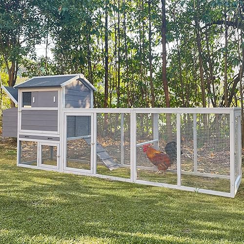 Chicken Coop, Large Wooden Chicken Coop with Nesting Boxes & Run Cage for 3-6 Chickens, Outdoor Hen House Poultry Hutch Rabbit Cage with No-Slip Ramp & Pull-Out Tray for Backyard Farm (Grey)