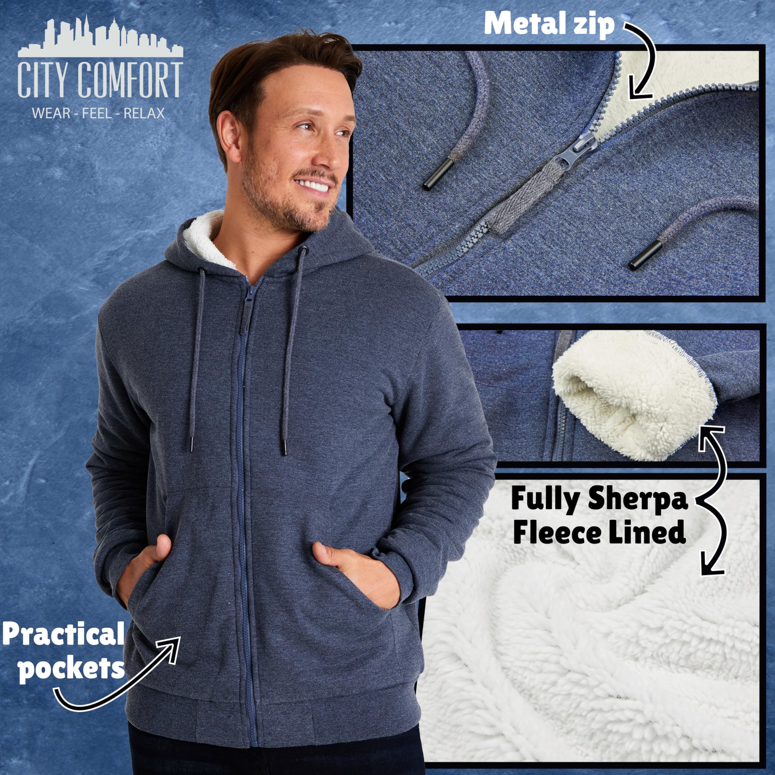 CityComfort Sweat à Capuche Homme Zippé Hoodie Pull Polaire Zippé Veste à Capuche Fourrée Blouson Doublé Vêtement Homme Hiver Chaud Tailles M-XXXL