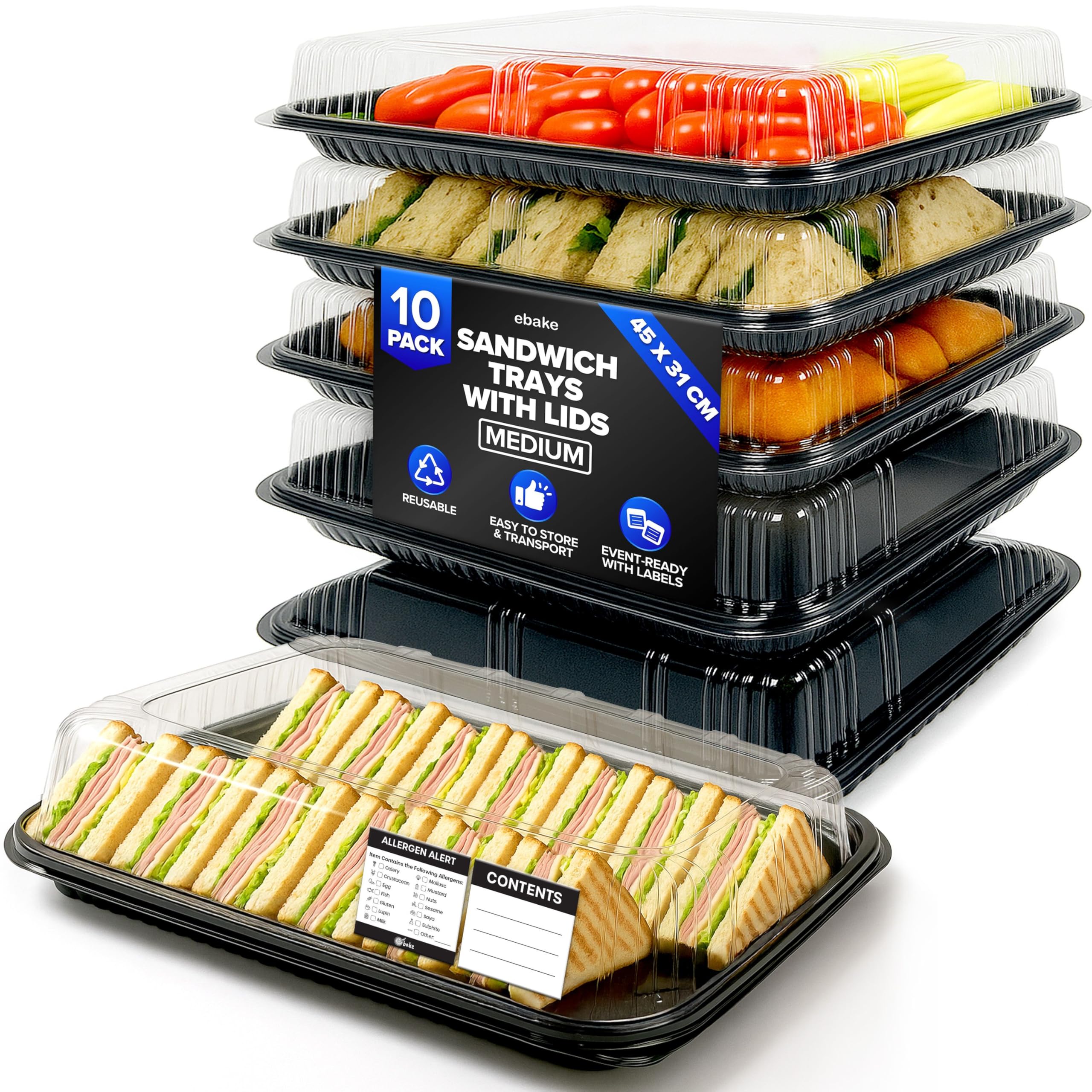 ebake Sandwich Platter Trays with Lids - Reusable Catering Trays with Lids - Party Food Trays for Tea Time Snacks, Sandwiches, Cake, Treats, Sushi and Meal Prep (10 Pack - 39 x 29cm)