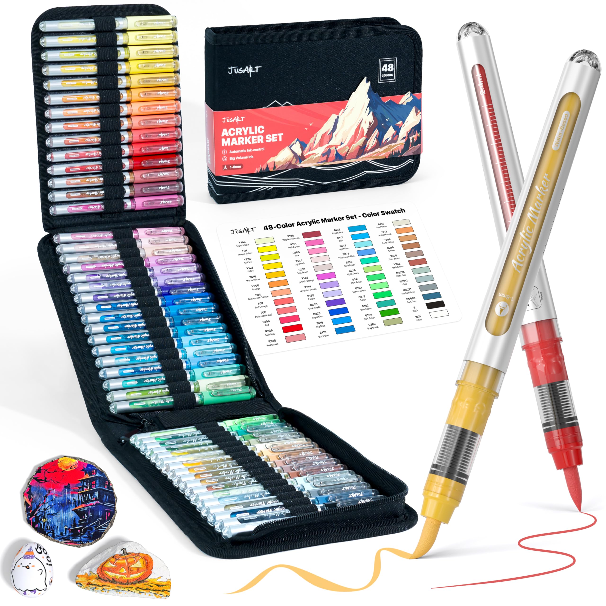 JusArt 48 Colors Acrylic Paint Markers with Canvas Bag, Water-Based Paint Pens with Automatic Ink Control for DIY Halloween Crafts, Waterproof Brush Tip Markers for Pumpkin, Rock, Wood, Fabric, Glass