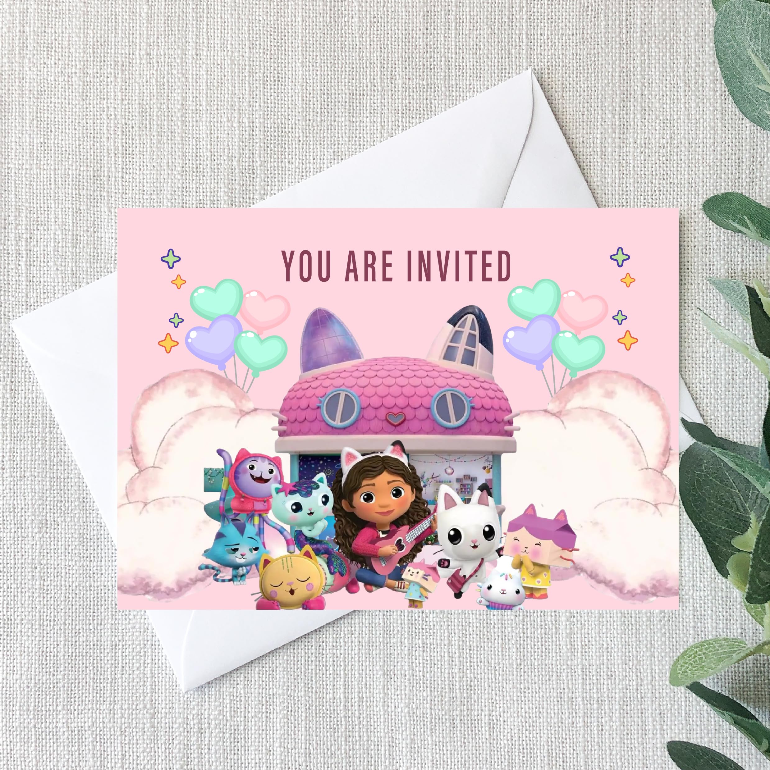 Smith Bros Printers 1898 Gabby's Dollhouse A6 Two Sided Invitations (WRITE ON) Birthday Party Invites (Pack of 24 & Envelopes and 24 'Thanks For Coming To My Party' 30mm Stickers)