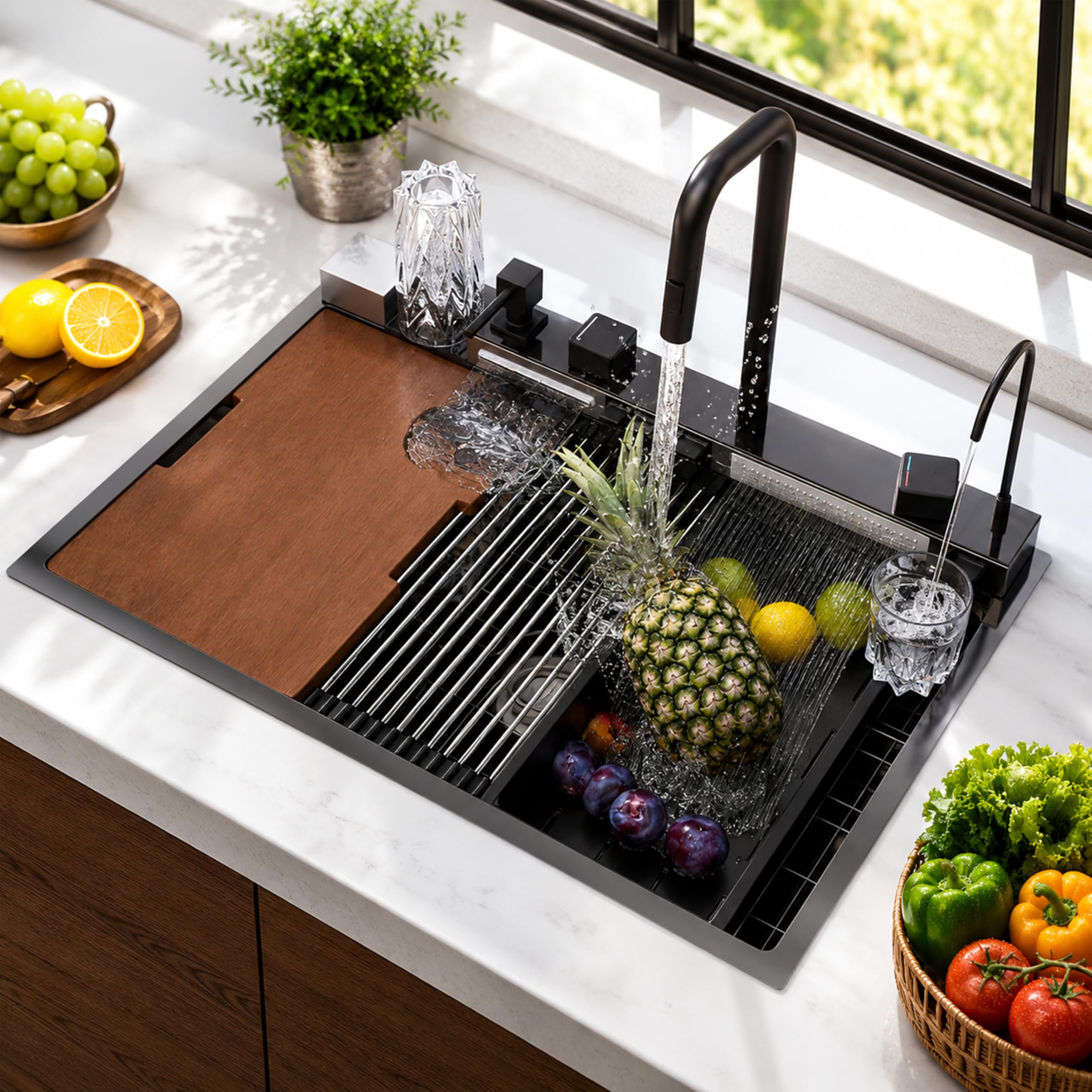 Photo 1 of Drop In Kitchen Sink Smart Waterfall Workstation Kitchen Sink 31.5 x 17.7 Inch 16 Guage Stainless Steel Single Bowl Multifunctional Waterfall Sinks and Faucet Combo Set with Cup Washer Enlarge handle