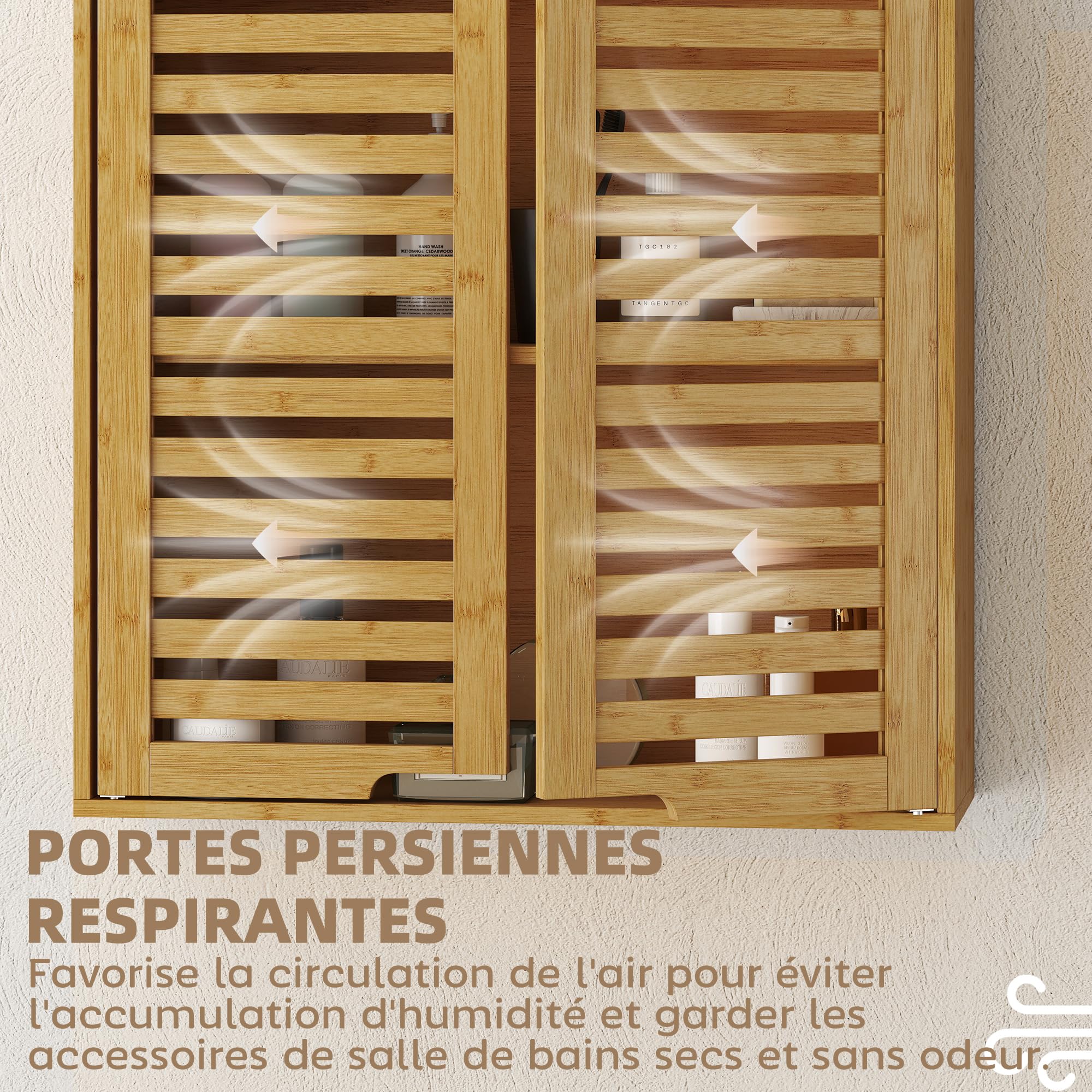 HOMCOM Armoire Murale de Salle de Bain, Meuble de Rangement avec 2 Compartiments et Étagère Réglable, Meuble Haut en Bambou pour Toilette, Cuisine, 60 x 20 x 60 cm, Effet Bois Naturel
