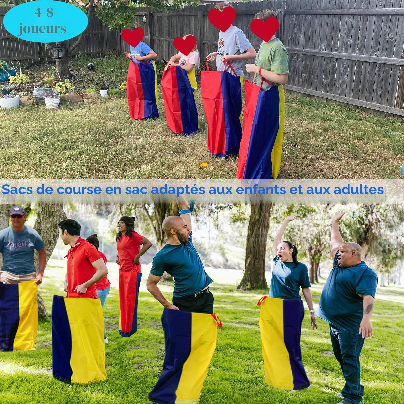 Sac de pommes de terre pour 4 à 8 joueurs - Jeux de course dans le jardin pour enfants et adultes - Fête d'anniversaire, jeux de plein air pour la famille, jeux de carnaval, course d'œufs et de cuillères, course à 3 pattes, bâtons de relais, prix de jeu