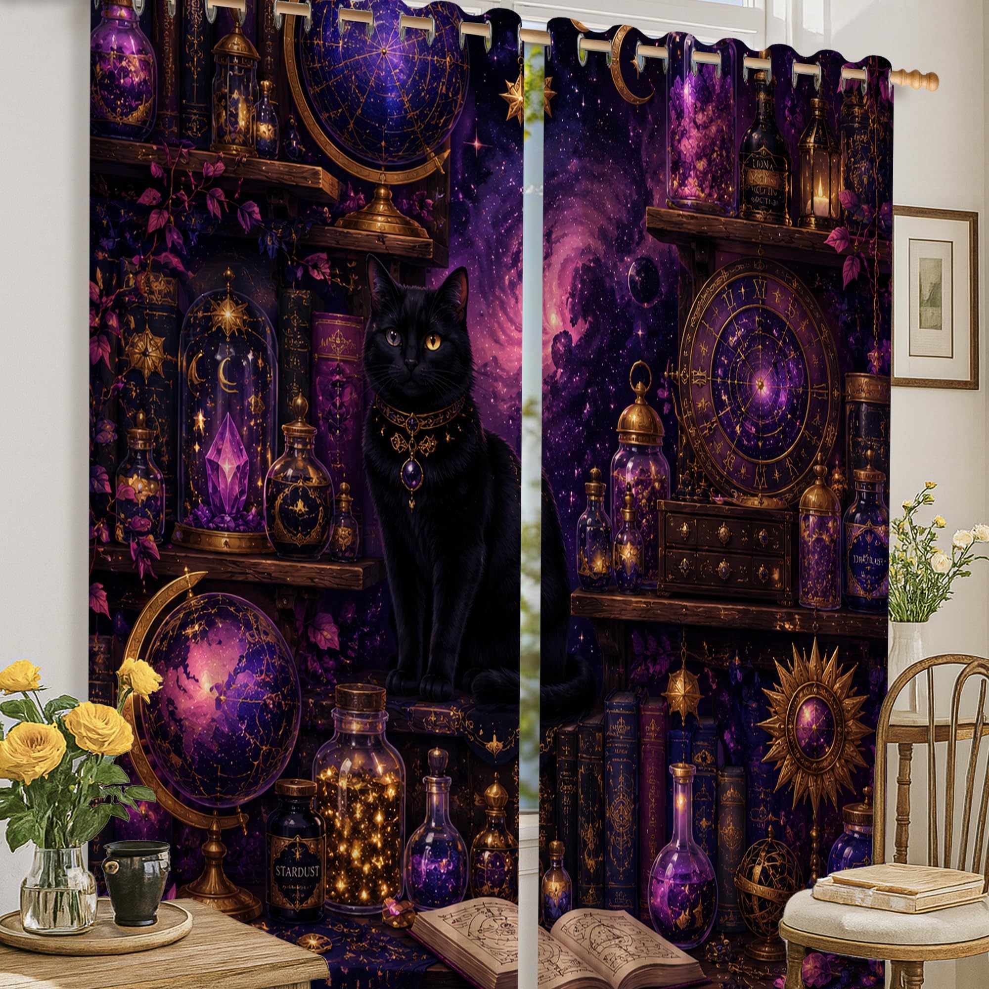 Rideaux occultants motif chat | Double rideau isolant thermique gothique mystique salon
