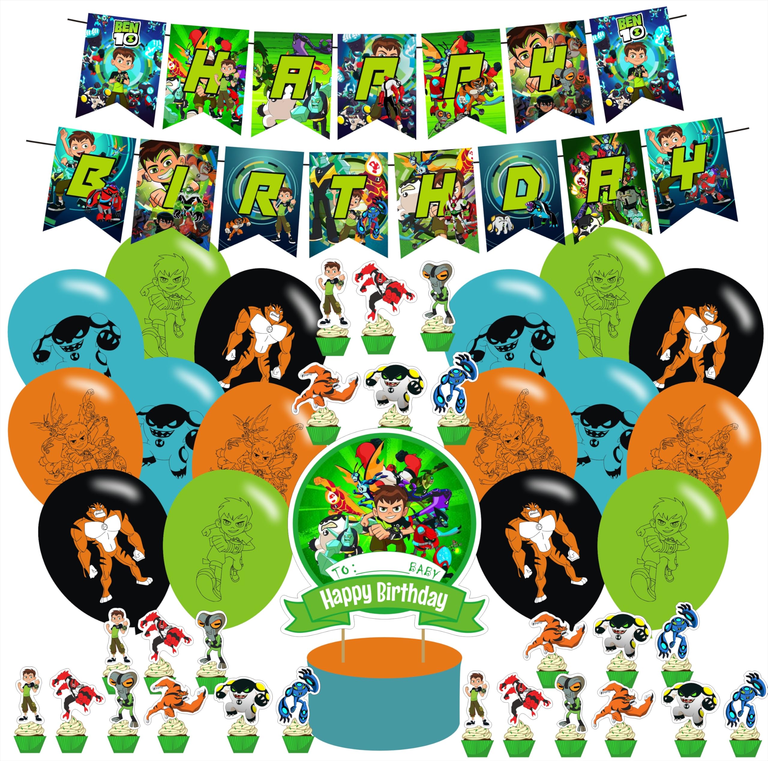 Ben Party Decorations, Birthday Party Supplies from Cartoon Ben Party Supplies include Banners - Cake Toppers - 12 Cupcake Toppers - 18 Balloons- 50