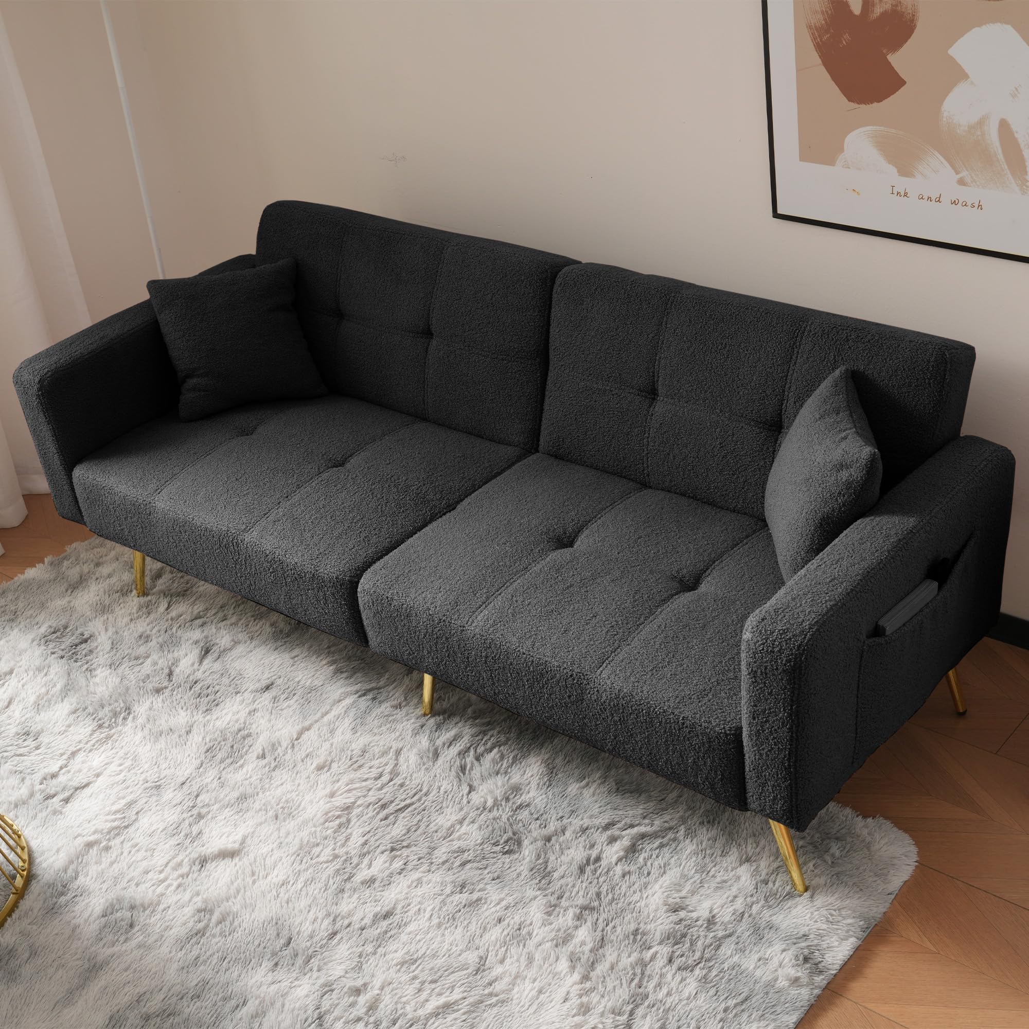 Divano letto a 2 posti, moderno con schienale regolabile, tasche laterali in lana d'agnello, piedini in metallo dorato, carico 90 kg, 175 x 64 x 72 cm (grigio scuro)