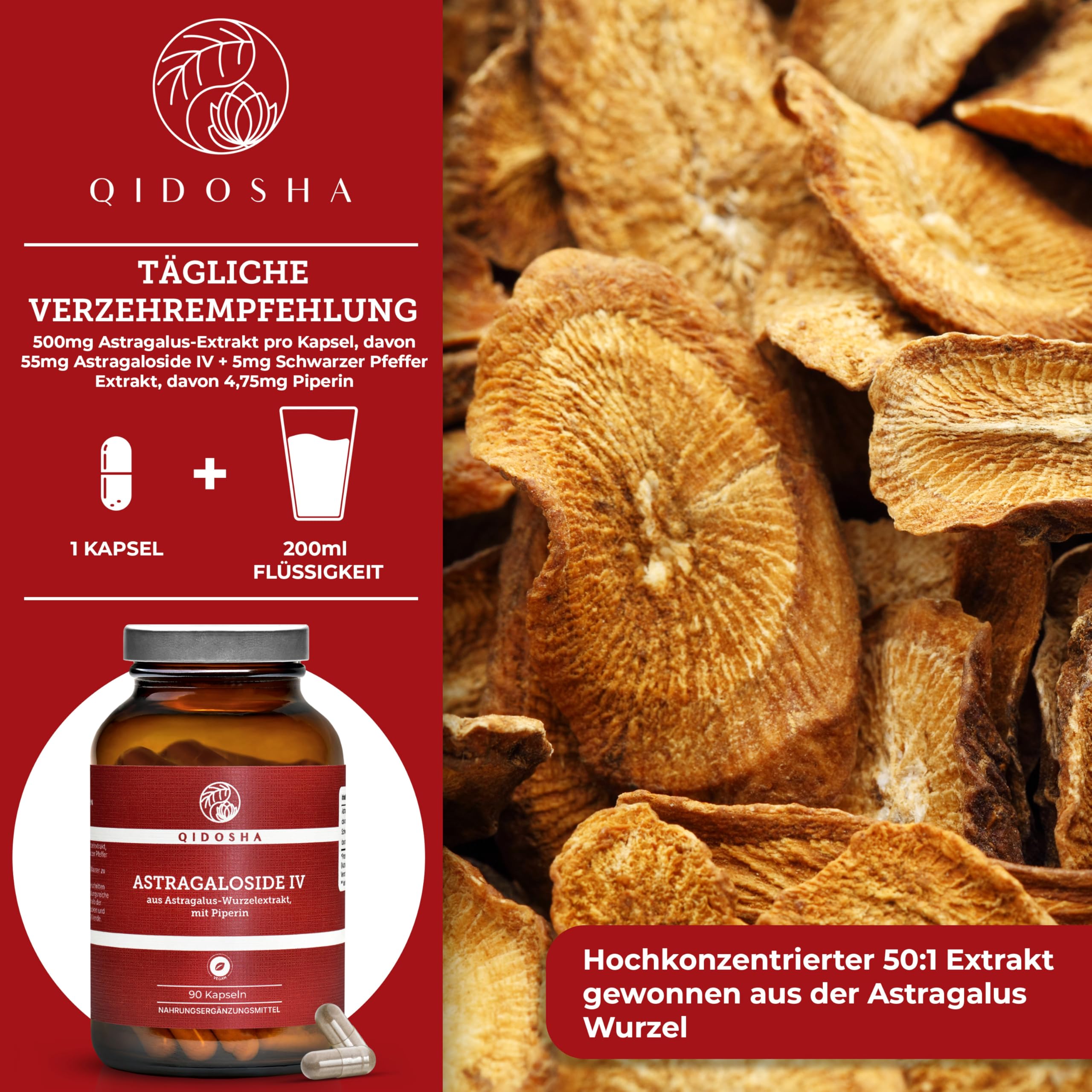 QIDOSHA® Astragaloside IV aus Astragalus-Wurzelextrakt plus Piperin, höchster Astragalosid IV Gehalt, 90 Kapseln im Apothekerglas, deutsche Fertigung, jede Charge laborgeprüft