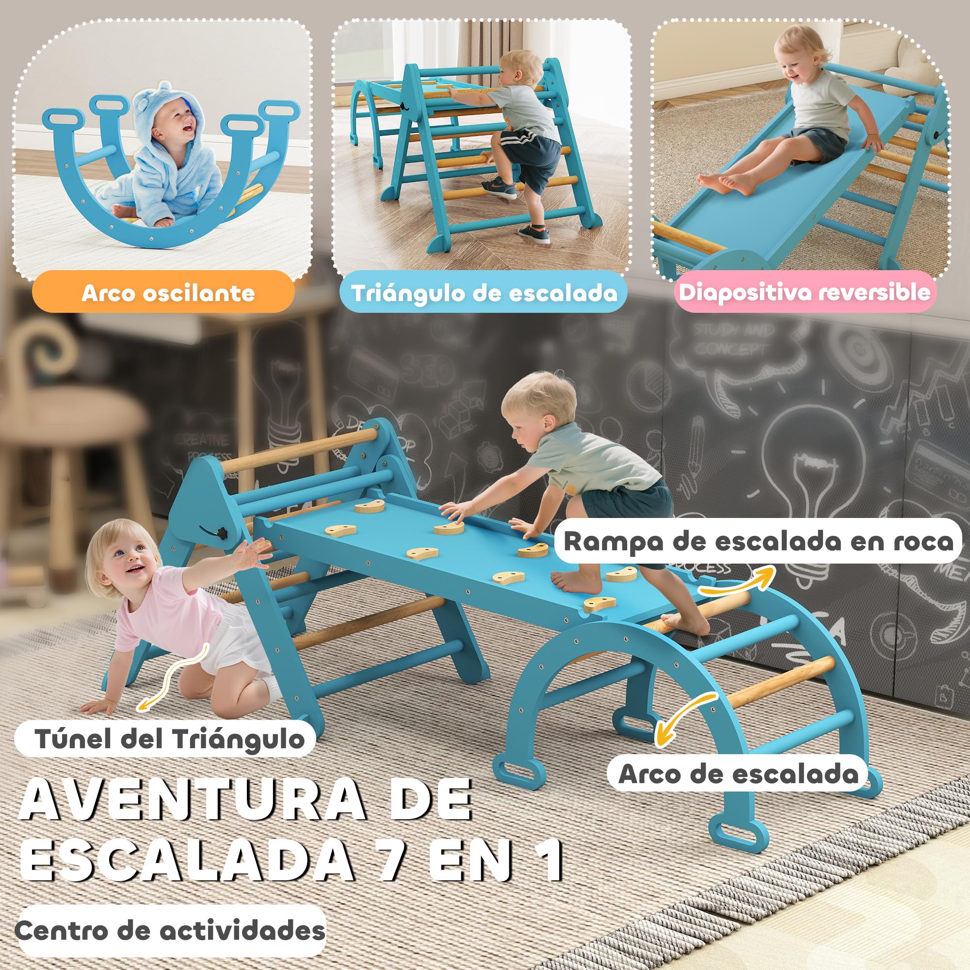 AIYAPLAY 7 en 1 Triángulo de Escalada Montessori con Arco y Rampa, Escalada para Niños de Madera Plegable, para 18-48 Meses, para Deslizarse o Escalar, 188x70 cm, Azul