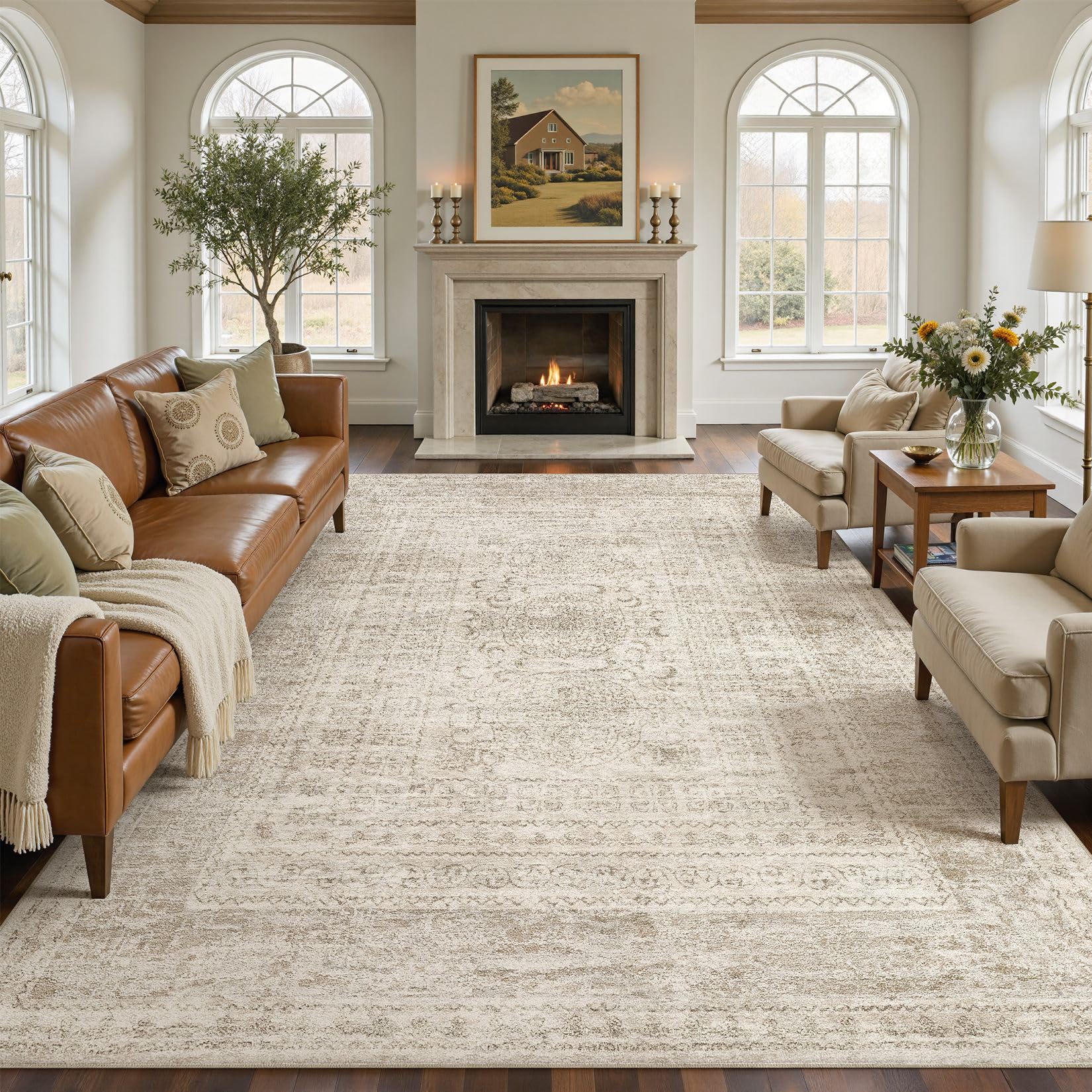 5x7 Area Rugs Living Room: Washable Large Vintage Beige Rug Neutral Non-Slip Soft Stain Resistant Indoor Carpet for Bedroom Nursery Dining Room Under Table Bed Home House Office Playroom — view 31